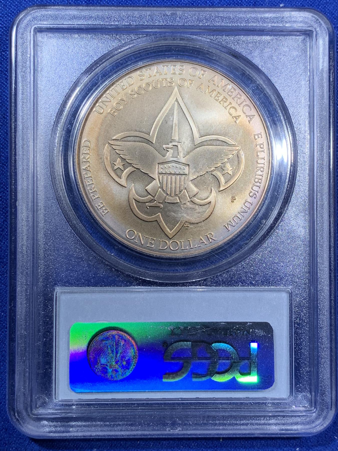《竞宝斋》第270场- 周日，周一，周二  3场连拍 （全场包邮） PCGS MS69 美国2010年男童子军纪念银币 双面金黄色包浆很漂亮 秒杀普通白币