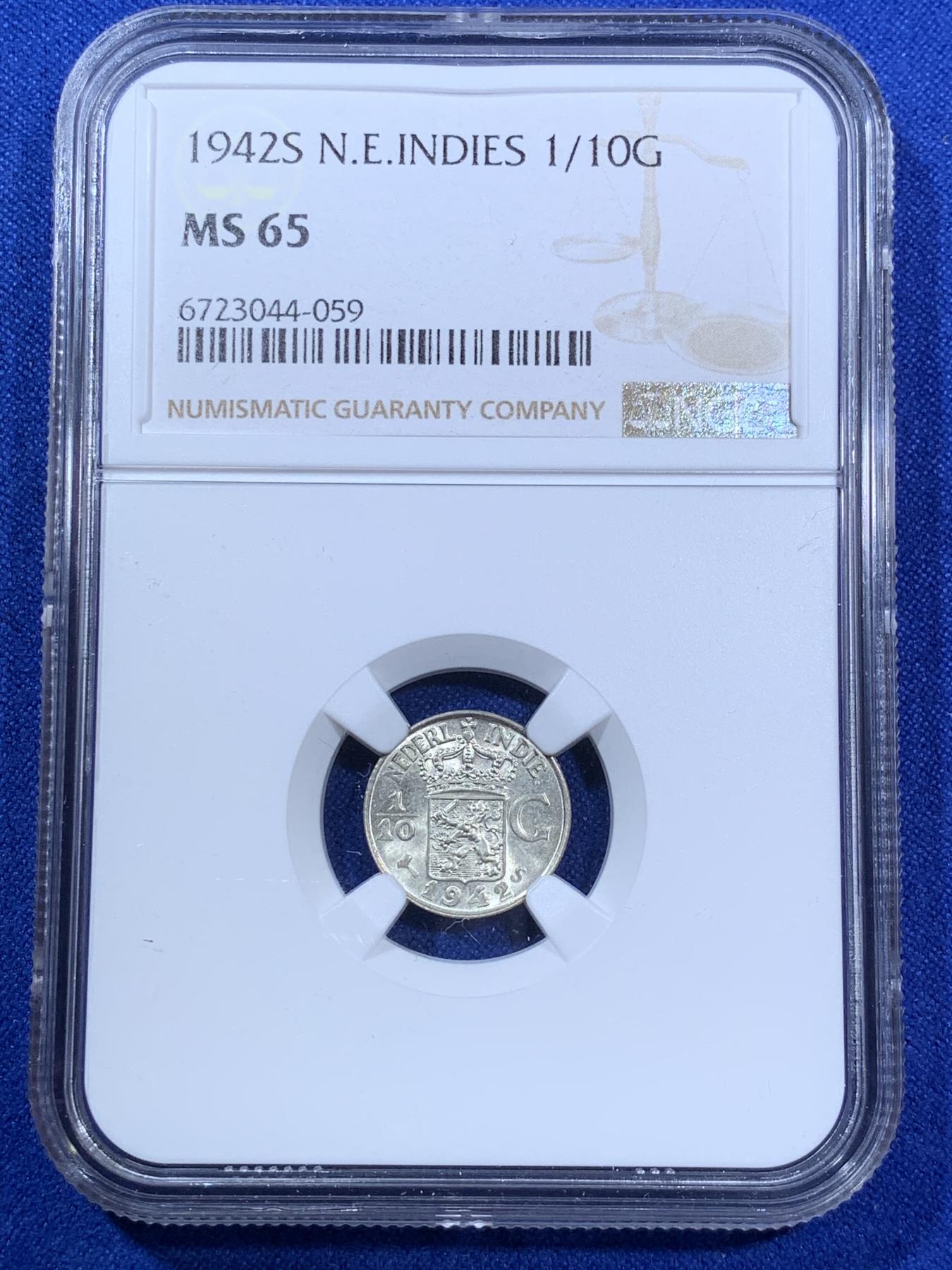 《竞宝斋》第270场- 周日，周一，周二  3场连拍 （全场包邮） NGC MS65 1942 荷属东印度（今印尼）1/10盾银币 卷拆BU品