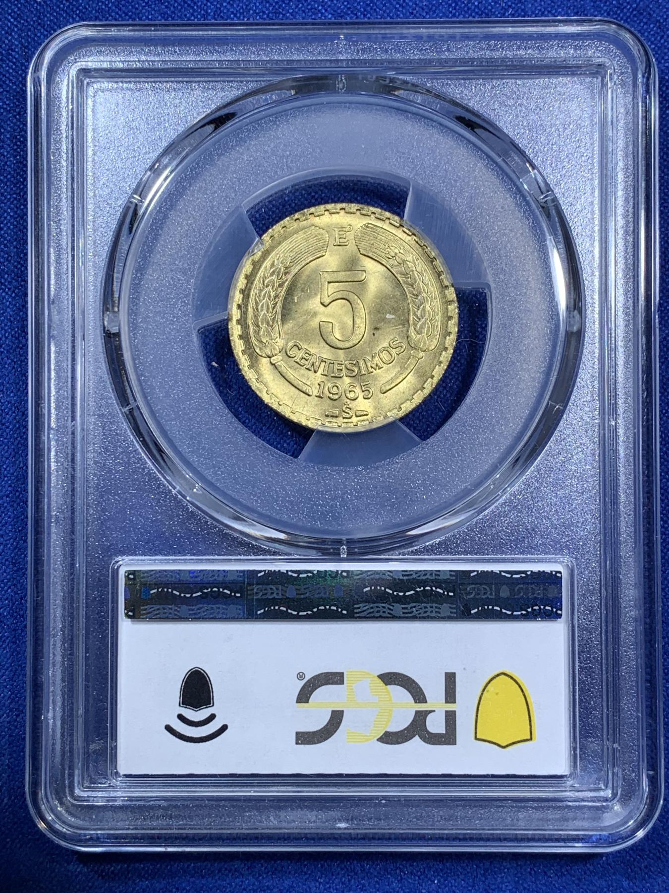 《竞宝斋》第270场- 周日，周一，周二  3场连拍 （全场包邮） PCGS金盾 MS67 智利高分飞鹰1965年5分铜币 冠军分