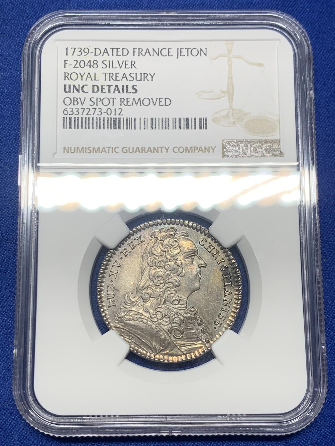 《竞宝斋》第271场-八角与章专场 周日，周一，周二  3场连拍 （全场包邮） NGC-UNCD 法国1739年路易十五皇家宝藏银质代币