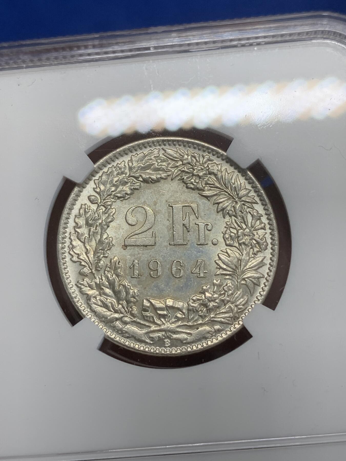 《竞宝斋》第270场- 周日，周一，周二  3场连拍 （全场包邮） NGC MS62 瑞士 1964年 雪山女神赫尔维蒂亚 2法郎 银币