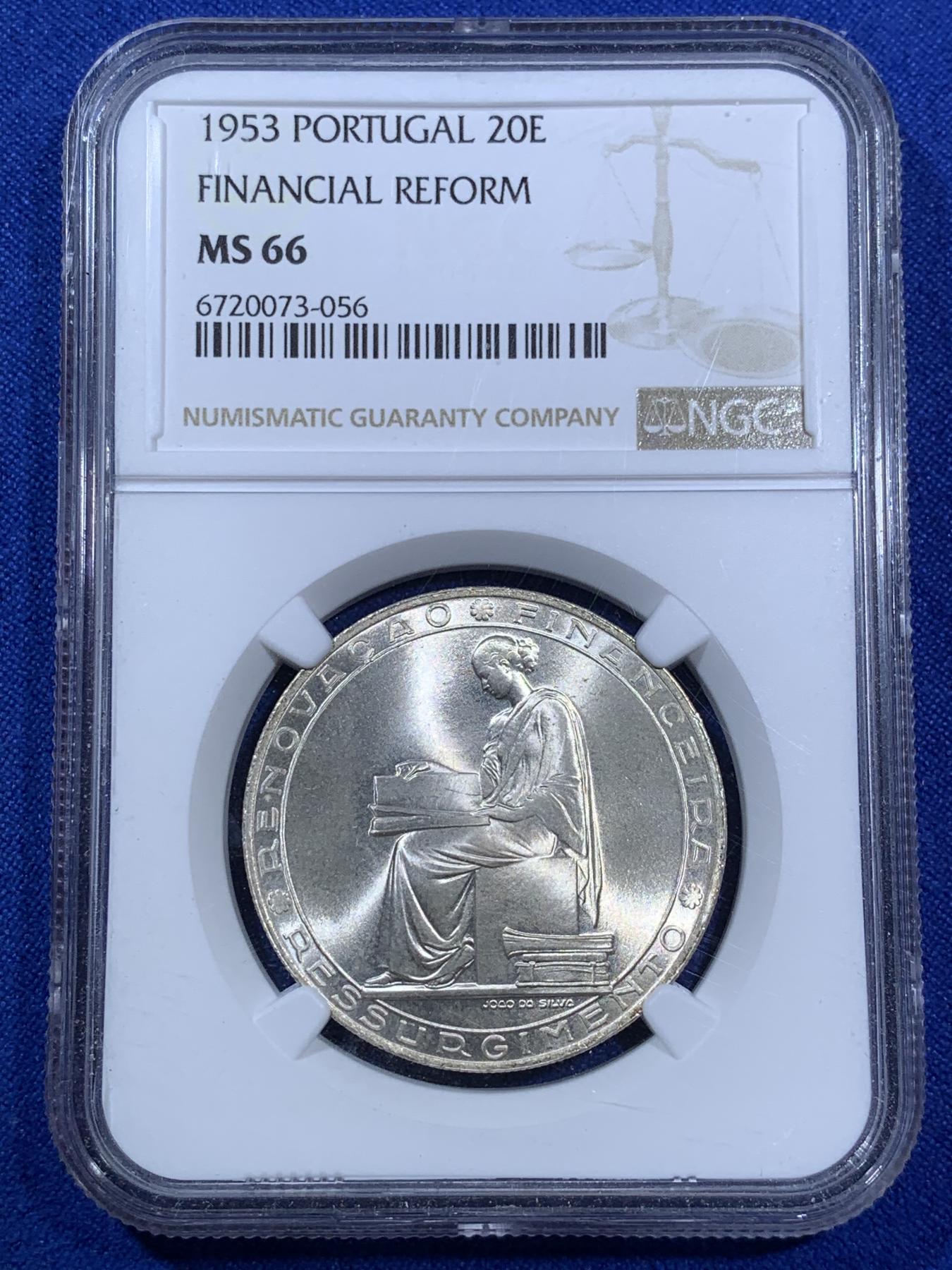 《竞宝斋》第270场- 周日，周一，周二  3场连拍 （全场包邮） NGC MS66 葡萄牙1953年金融改革制度25周年20埃斯库多银币