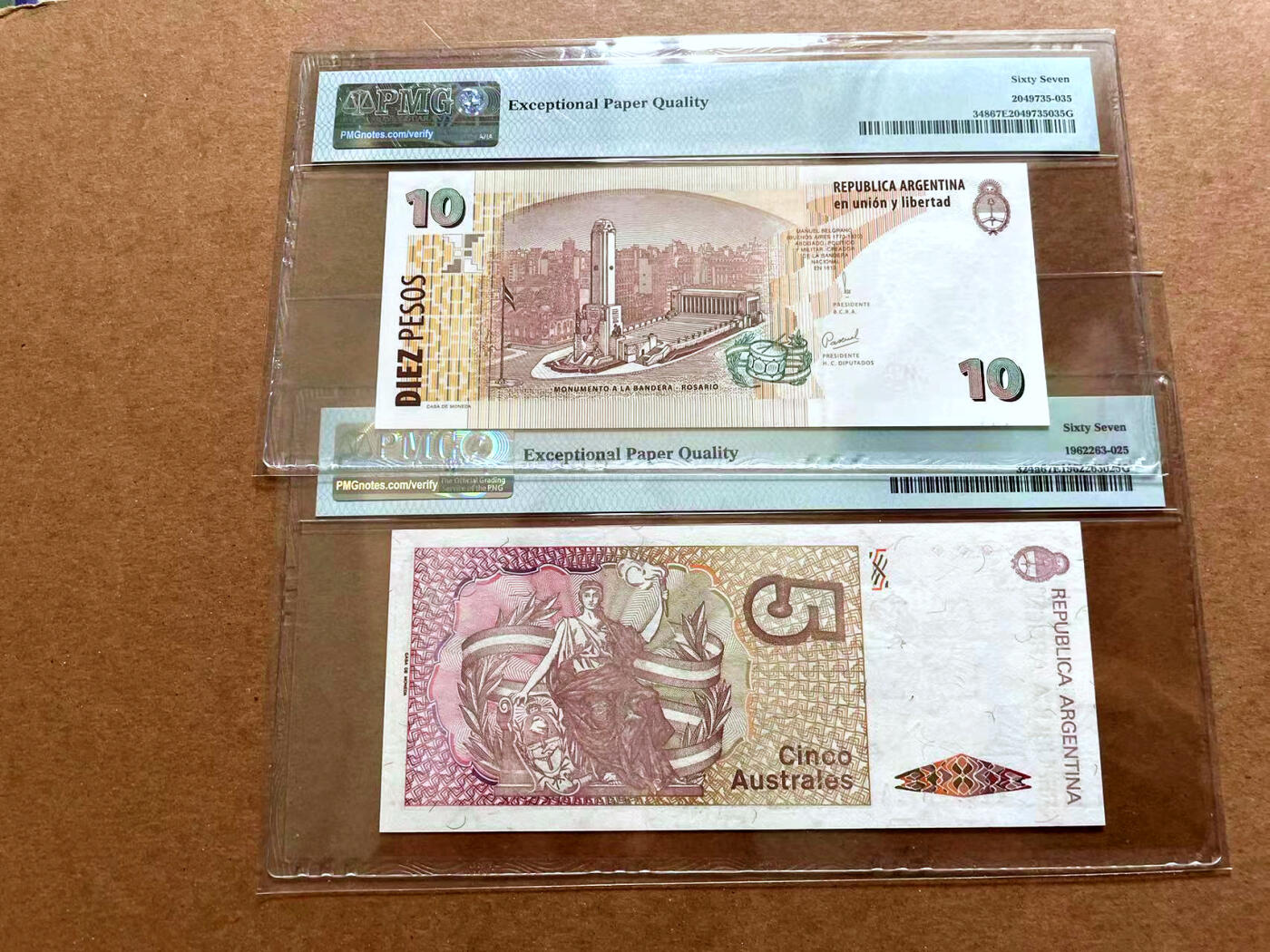 【Blue Auction】✨世界纸币精拍第479期【精】 【一组2张】阿根廷 1985-2003年5Australes/10比索  PMG67EPQ 高分