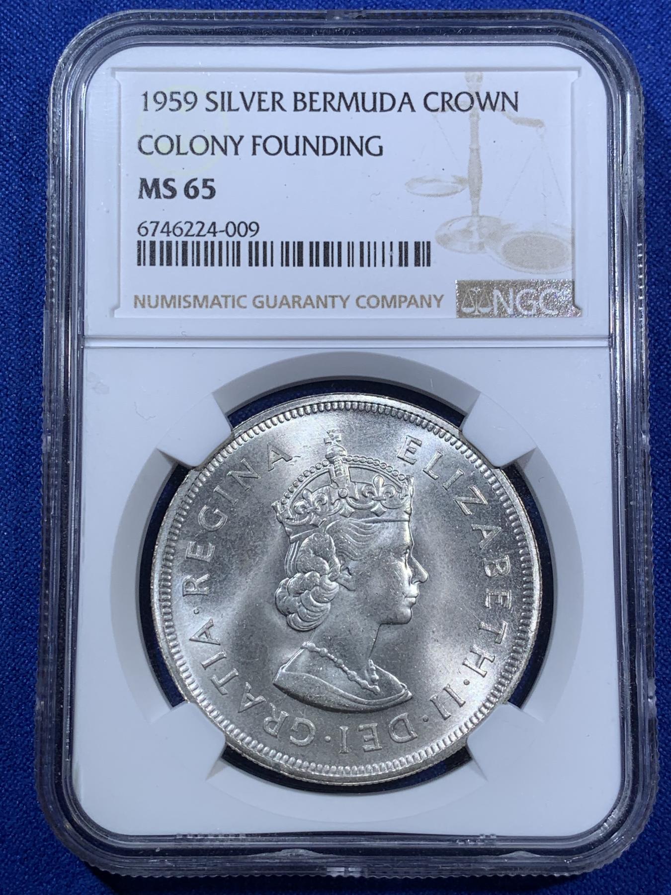 《竞宝斋》第270场- 周日，周一，周二  3场连拍 （全场包邮） NGC MS65 英属百慕大1959年伊丽莎白二世青年头像克朗银币 经典女王头像 高分好品