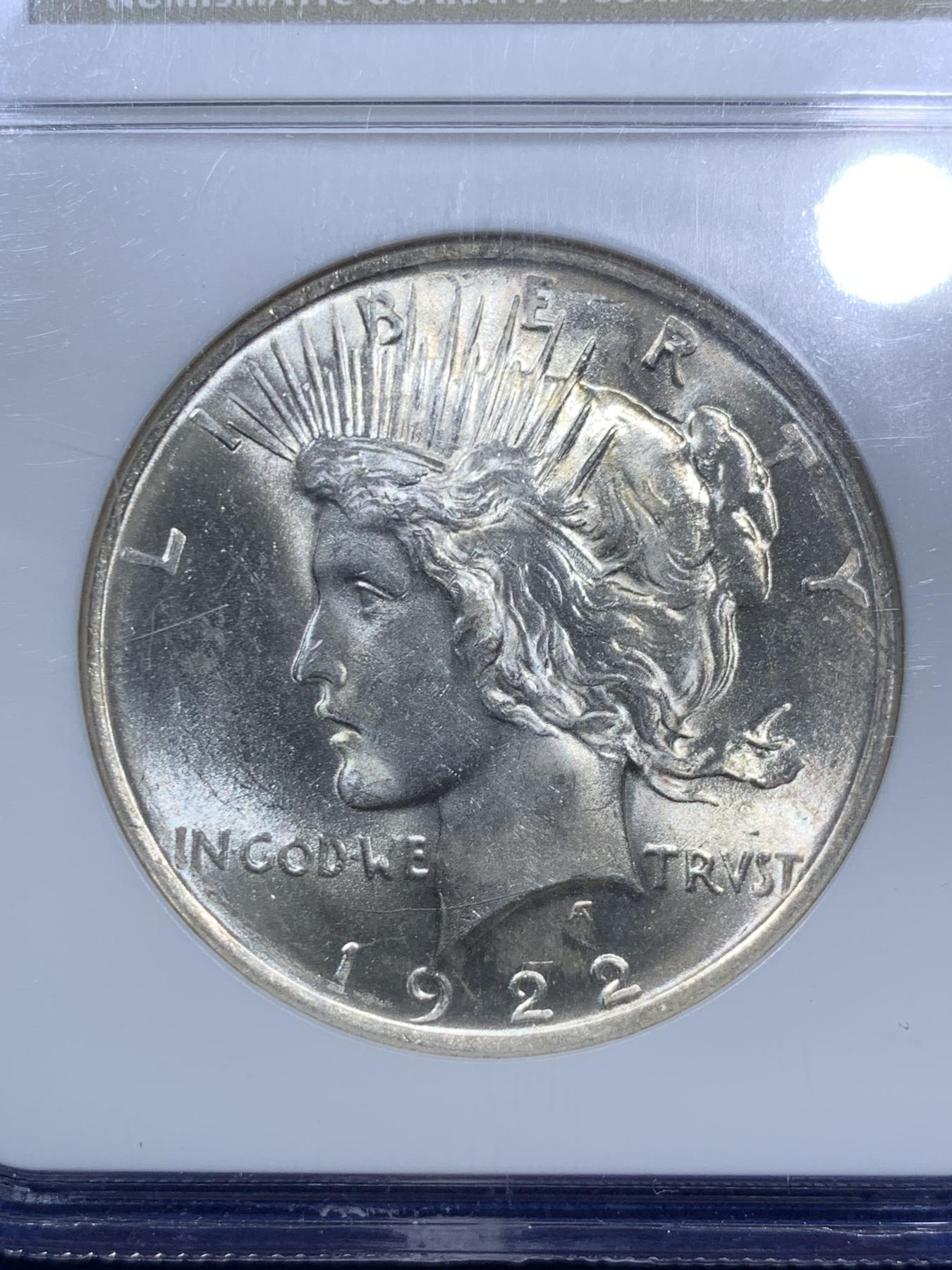 《竞宝斋》第270场- 周日，周一，周二  3场连拍 （全场包邮） NGC MS63 美国1922年和平鸽1美元银币