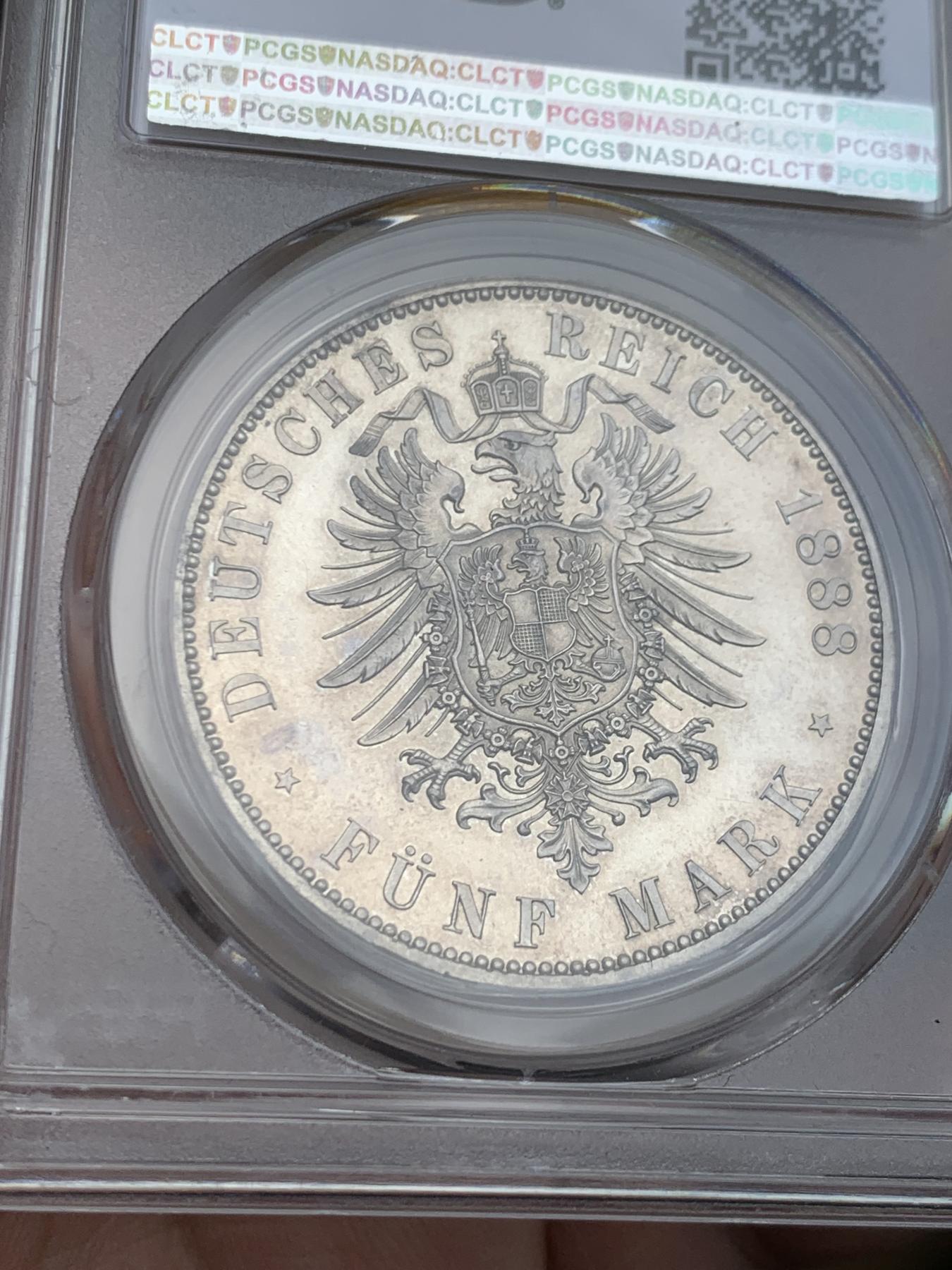《竞宝斋》第270场- 周日，周一，周二  3场连拍 （全场包邮） PCGS PR62 德国 1888年 弗里德里希三世 德意志皇帝与普鲁士国王 精制版 5马克 大银币 如镜底面 非常的漂亮