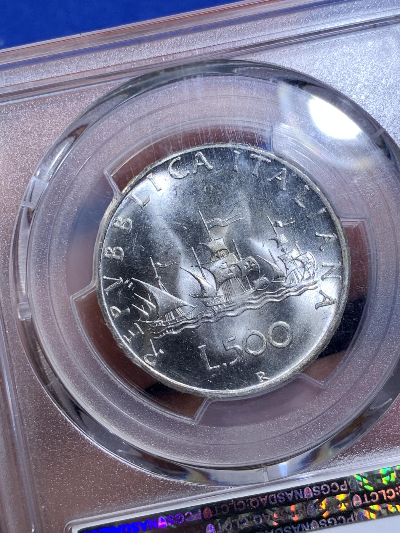 《竞宝斋》第270场- 周日，周一，周二  3场连拍 （全场包邮） PCGS MS65 意大利1966年帆船美女500里拉银币 经典设计 霜银车轮光 真正的卷拆品质