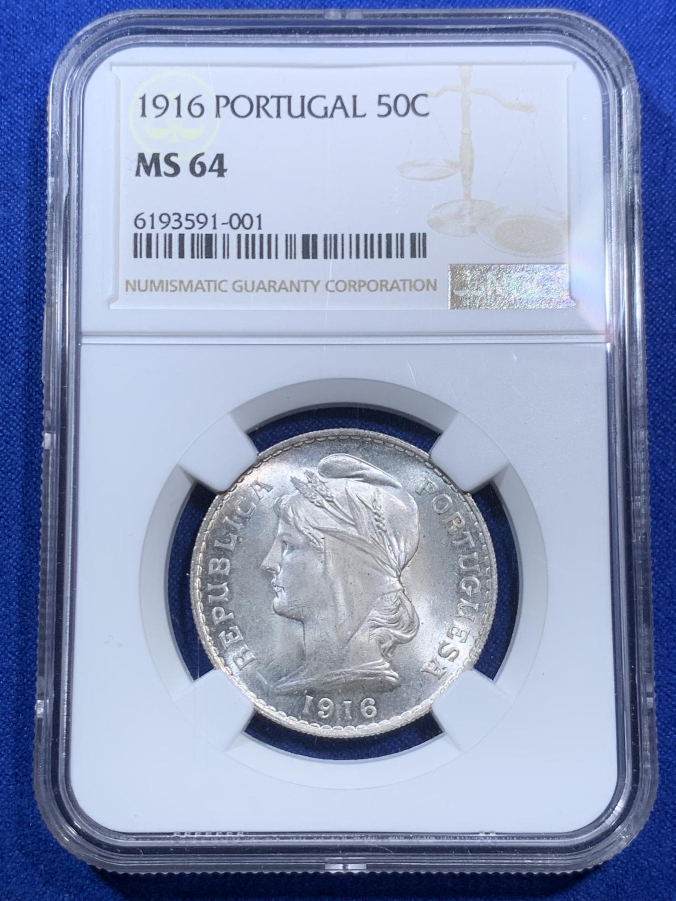 《竞宝斋》第270场- 周日，周一，周二  3场连拍 （全场包邮） NGC MS64 葡萄牙1916年50C半圆银币 十字银光 卷拆品质 非常漂亮 葡萄牙女神凑套必备 64收藏级高分