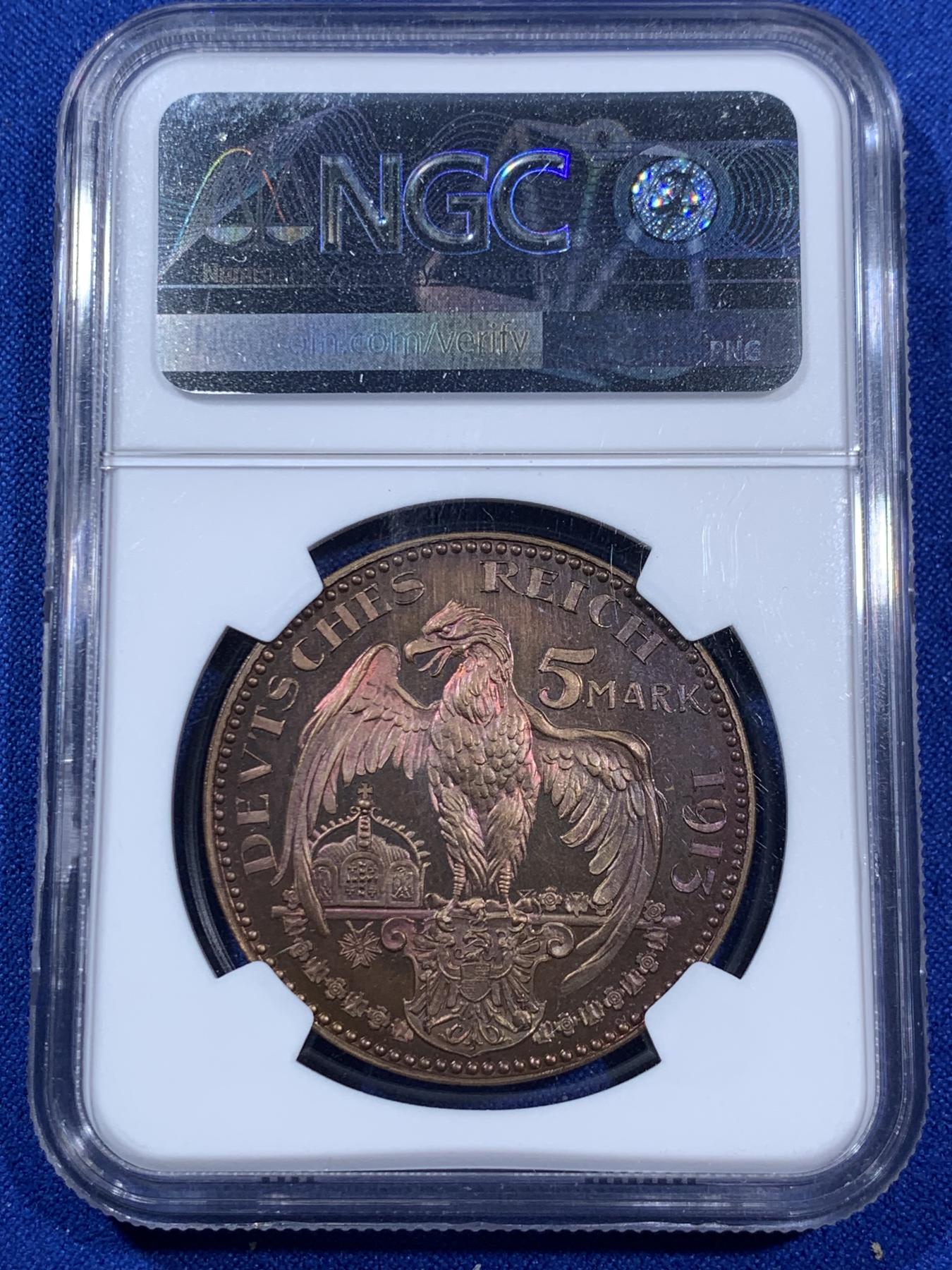 《竞宝斋》第270场- 周日，周一，周二  3场连拍 （全场包邮） NGC PF64RB 德国普鲁士1913年5马克铜样币 卡尔哥茨作品 镜面感强烈 背面梦幻蓝紫色包浆