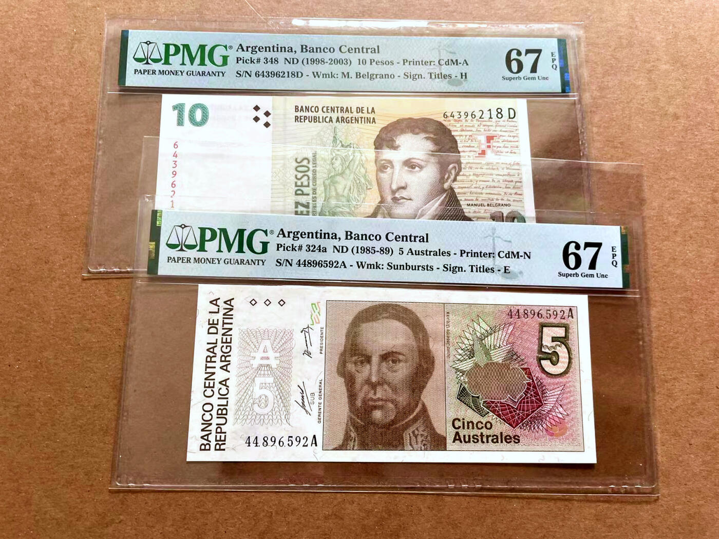 【Blue Auction】✨世界纸币精拍第479期【精】 【一组2张】阿根廷 1985-2003年5Australes/10比索  PMG67EPQ 高分