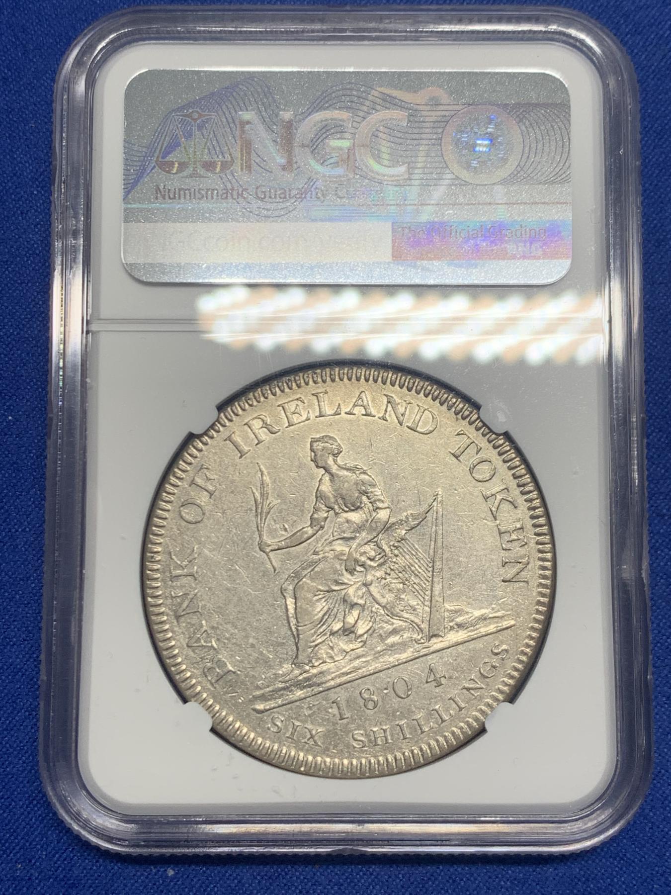 《竞宝斋》第270场- 周日，周一，周二  3场连拍 （全场包邮） NGC AU50 英国 1804年 乔治三世爱尔兰 银行6先令银币 比英格兰版本少很多