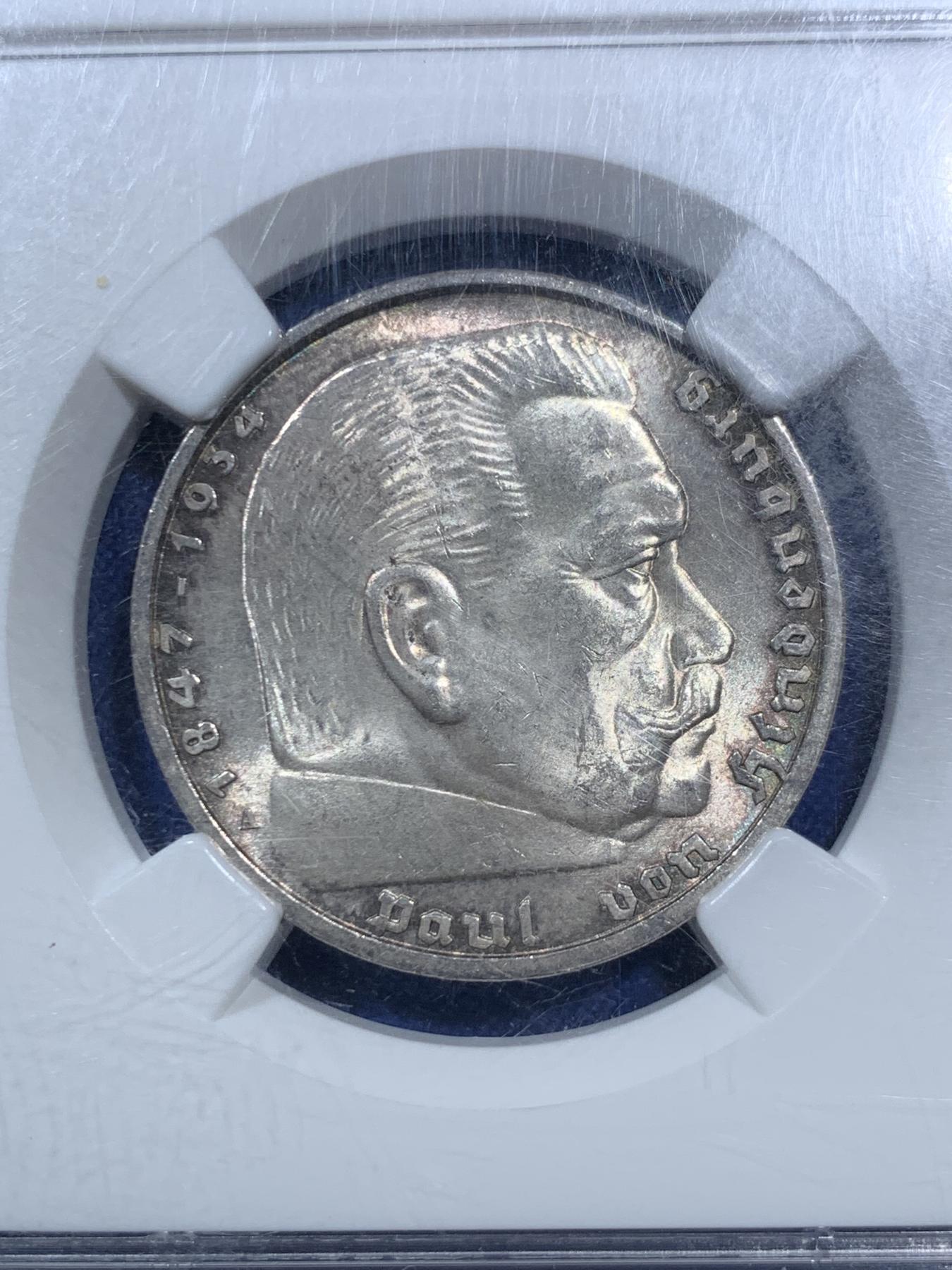 《竞宝斋》第270场- 周日，周一，周二  3场连拍 （全场包邮） NGC MS63 1935年德国5马克银币 BU车轮光 少见高分