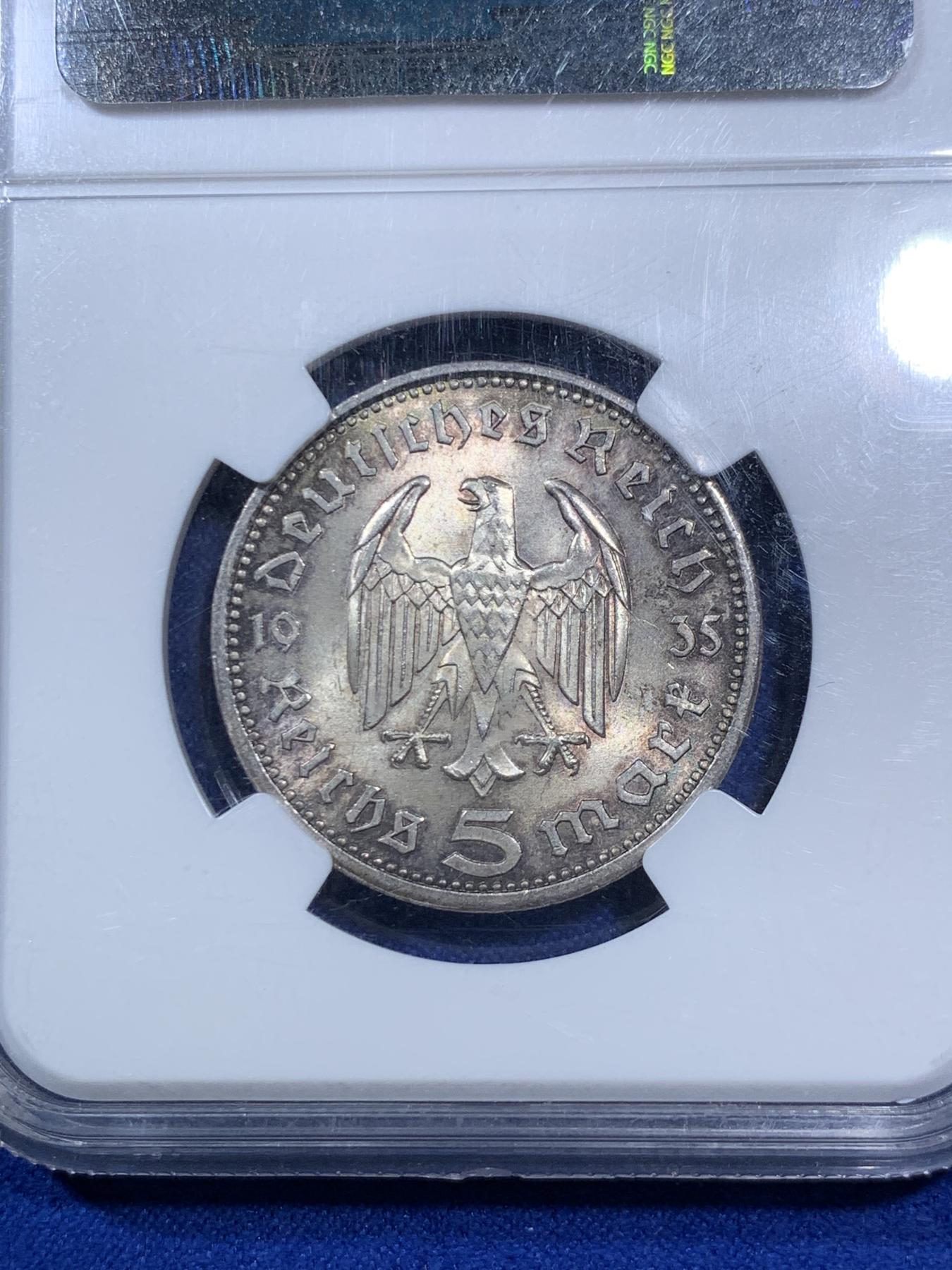 《竞宝斋》第270场- 周日，周一，周二  3场连拍 （全场包邮） NGC MS63 1935年德国5马克银币 BU车轮光 少见高分