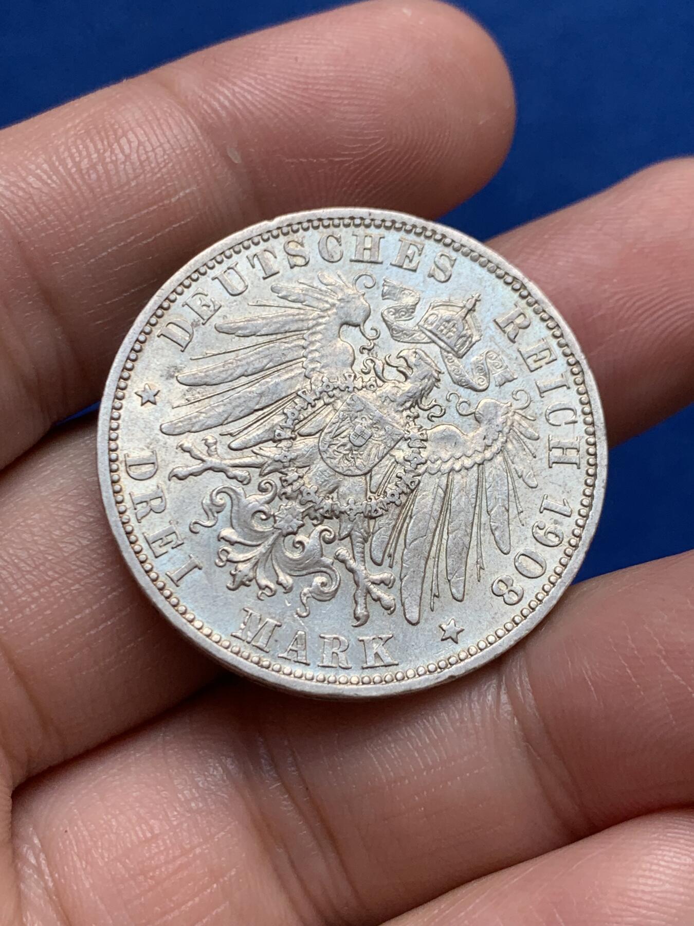 《竞宝斋》第270场- 周日，周一，周二  3场连拍 （全场包邮） 德国普鲁士1908年威廉二世3马克银币