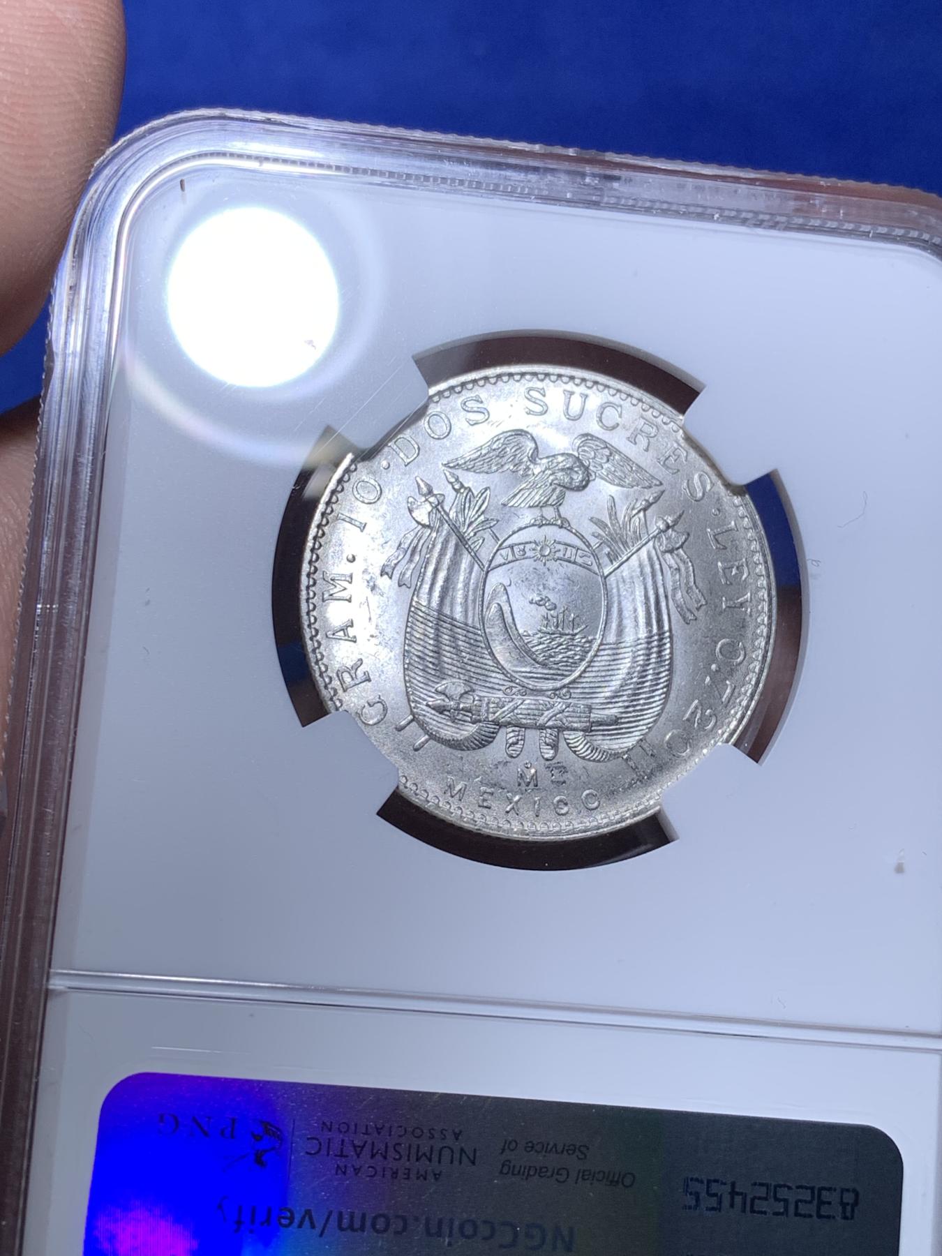 《竞宝斋》第270场- 周日，周一，周二  3场连拍 （全场包邮） NGC MS62 厄瓜多尔1944年2苏克雷银币 少见面值