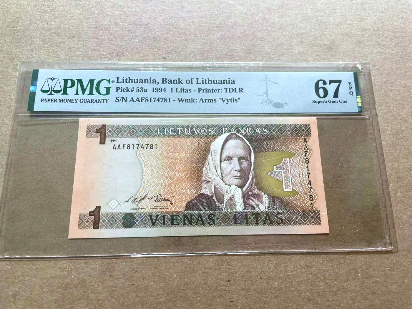 【Blue Auction】✨世界纸币精拍第479期【精】 立陶宛 1994年1立特  PMG67EPQ 高分