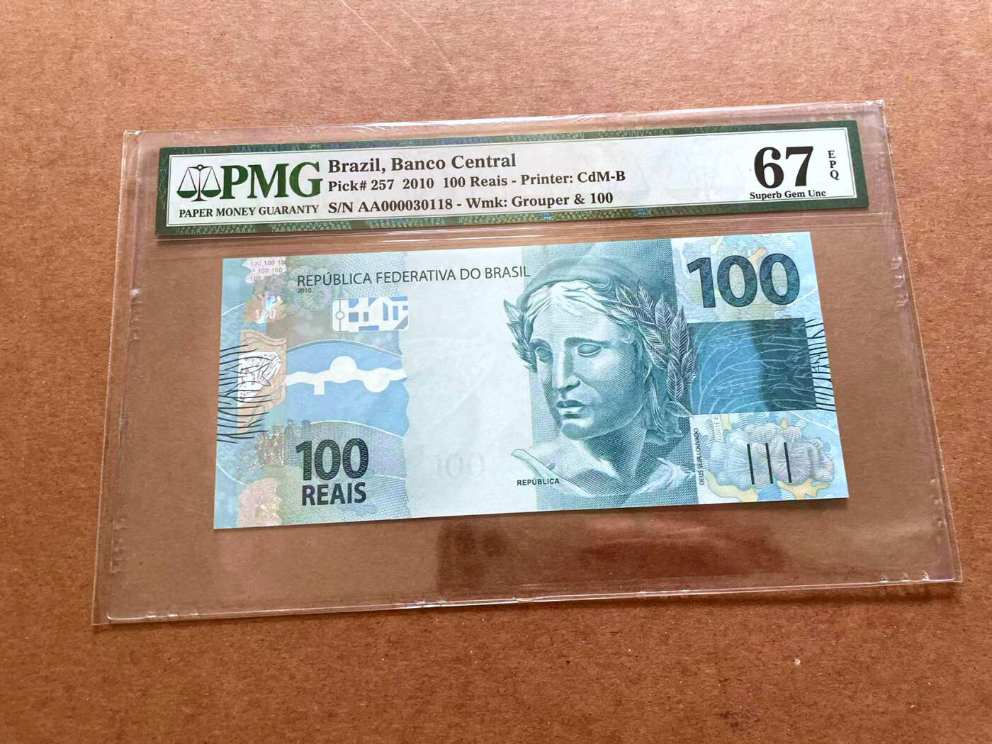 【Blue Auction】✨世界纸币精拍第479期【精】 【AA冠无47】巴西 2010年100瑞斯 PMG67EPQ 高分