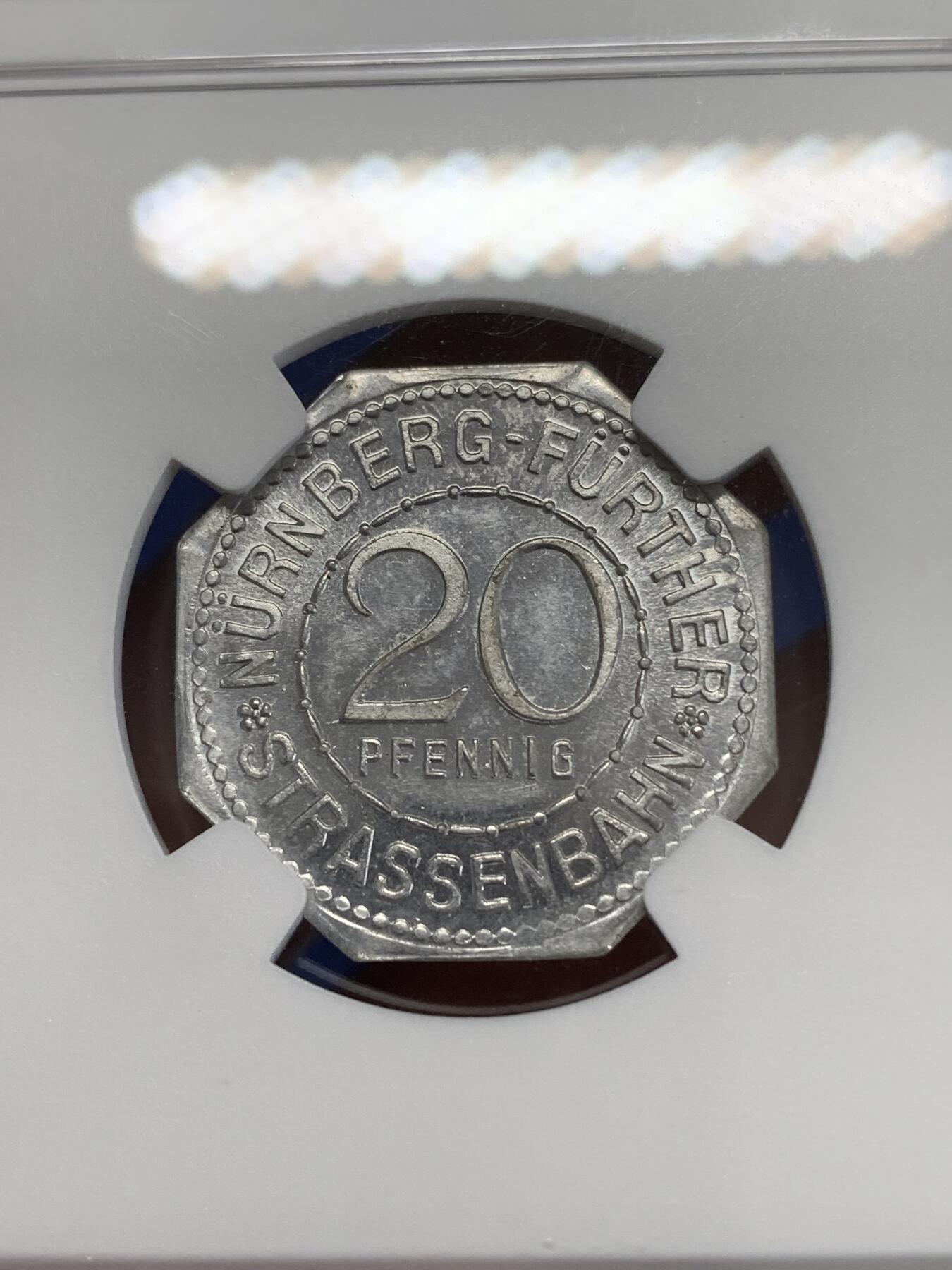 《竞宝斋》第270场- 周日，周一，周二  3场连拍 （全场包邮） NGC MS62 德国德紧纽伦堡电车代用币20芬尼八角币