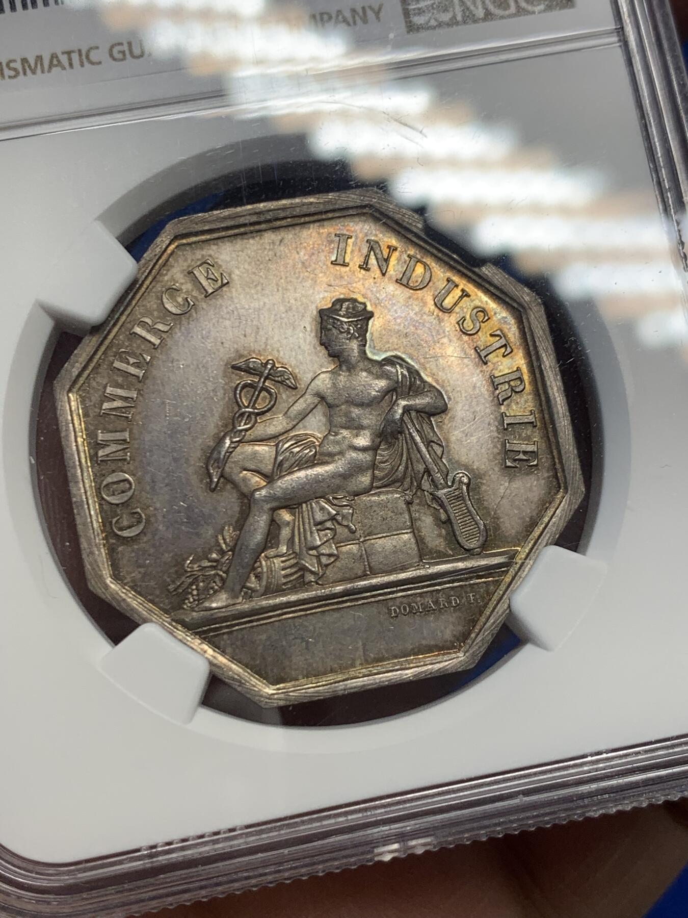 《竞宝斋》第271场-八角与章专场 周日，周一，周二  3场连拍 （全场包邮） NGC MS63 法国1860年化学工业商业八角银章，商业之神墨丘利，蜜蜂边铭