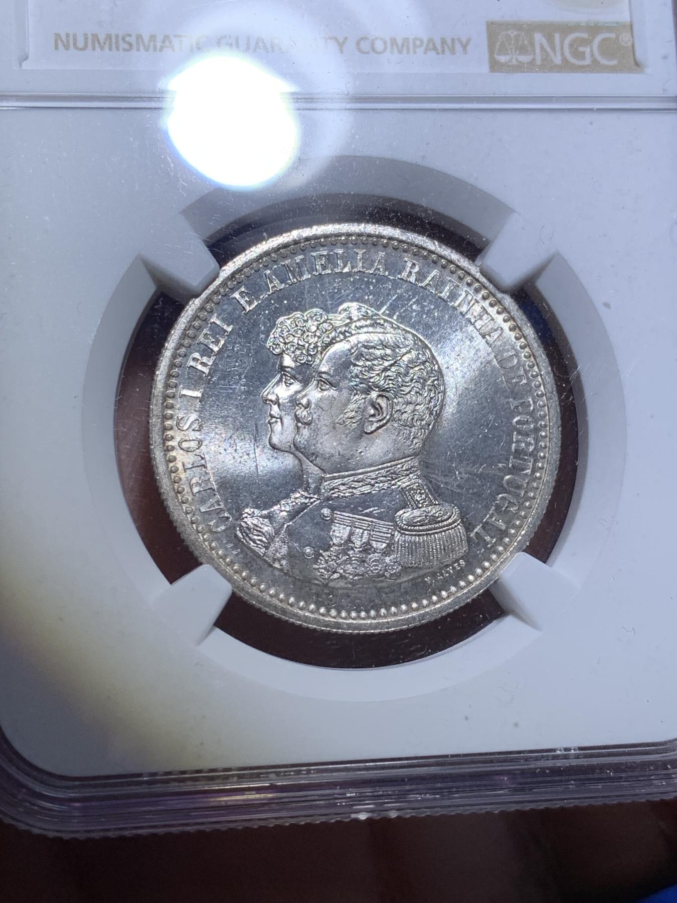 《竞宝斋》第270场- 周日，周一，周二  3场连拍 （全场包邮） NGC MS62 葡萄牙 1898年 发现印度400周年 500瑞斯 银币