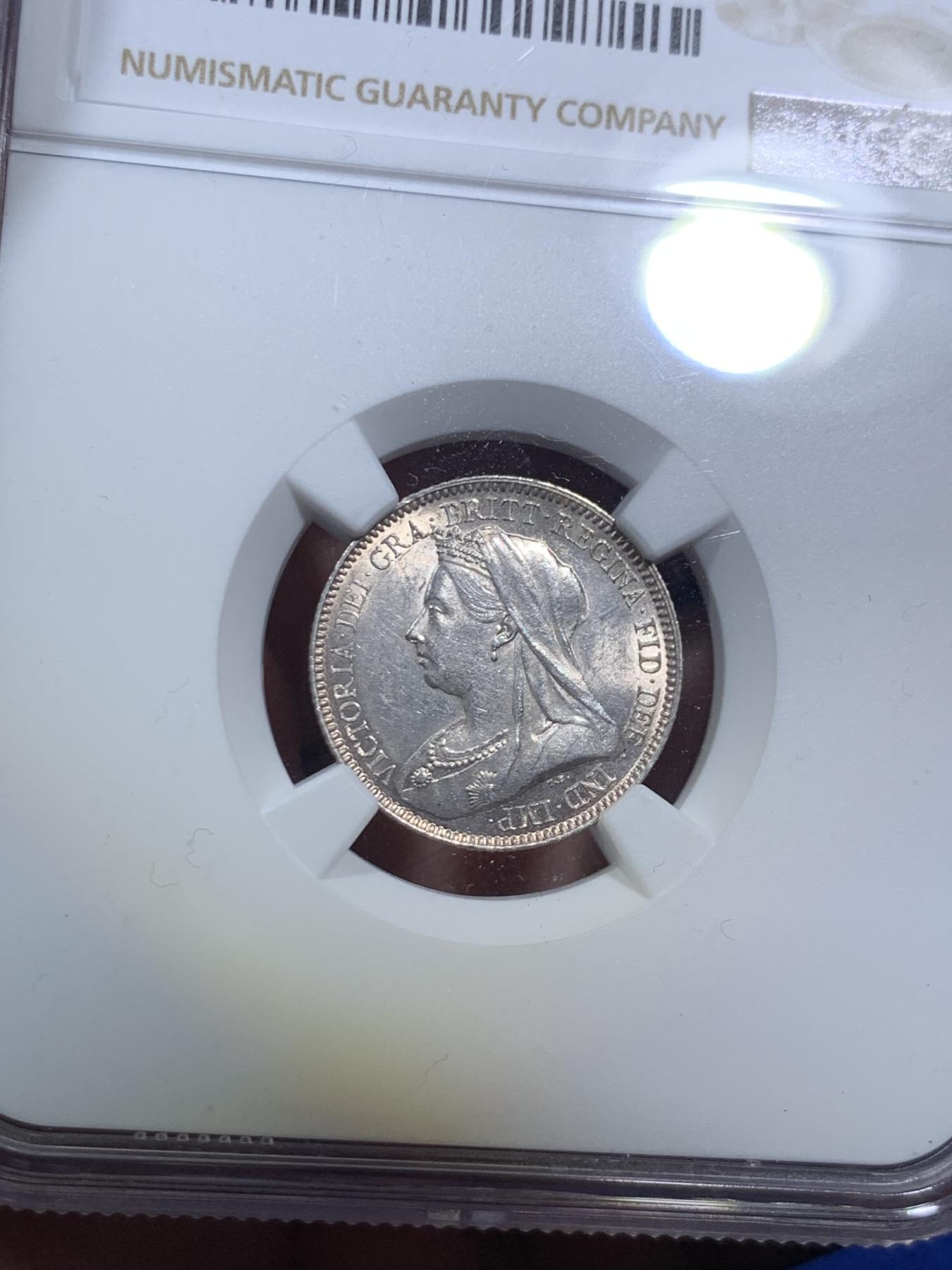 《竞宝斋》第270场- 周日，周一，周二  3场连拍 （全场包邮） NGC UNCD 英国 1893年 维多利亚 批纱版 6便士 银币