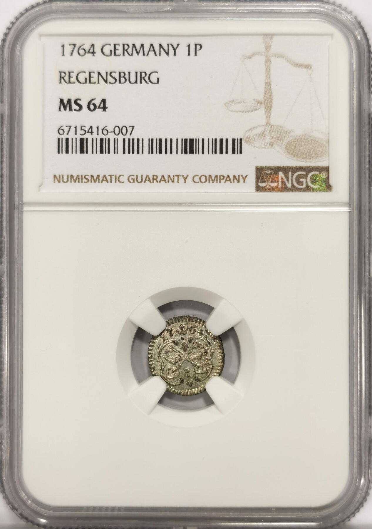 博洋堂世界钱币拍卖第078期（全场包邮） NGC MS64 季军分！德国雷根斯堡1764年双钥匙1芬尼小银币