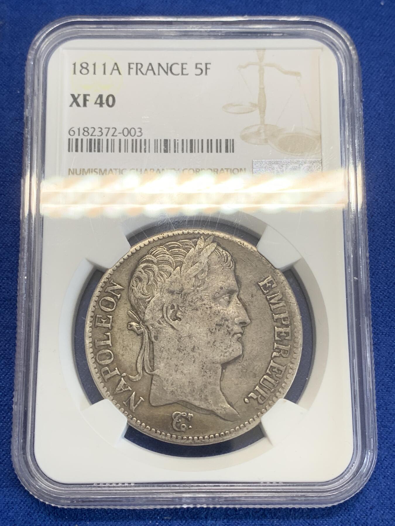 《竞宝斋》第270场- 周日，周一，周二  3场连拍 （全场包邮） NGC XF40 法国1811拿破仑一世5法郎银币