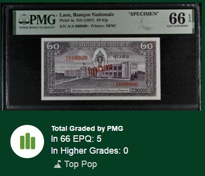 【Blue Auction】✨世界纸币精拍第479期【精】 【冠军分】老挝 第一套纸币 1957年20基普 少见高值 彩色防伪点 PMG66EPQ 样钞 经典纺织 顶级高分 值得收藏