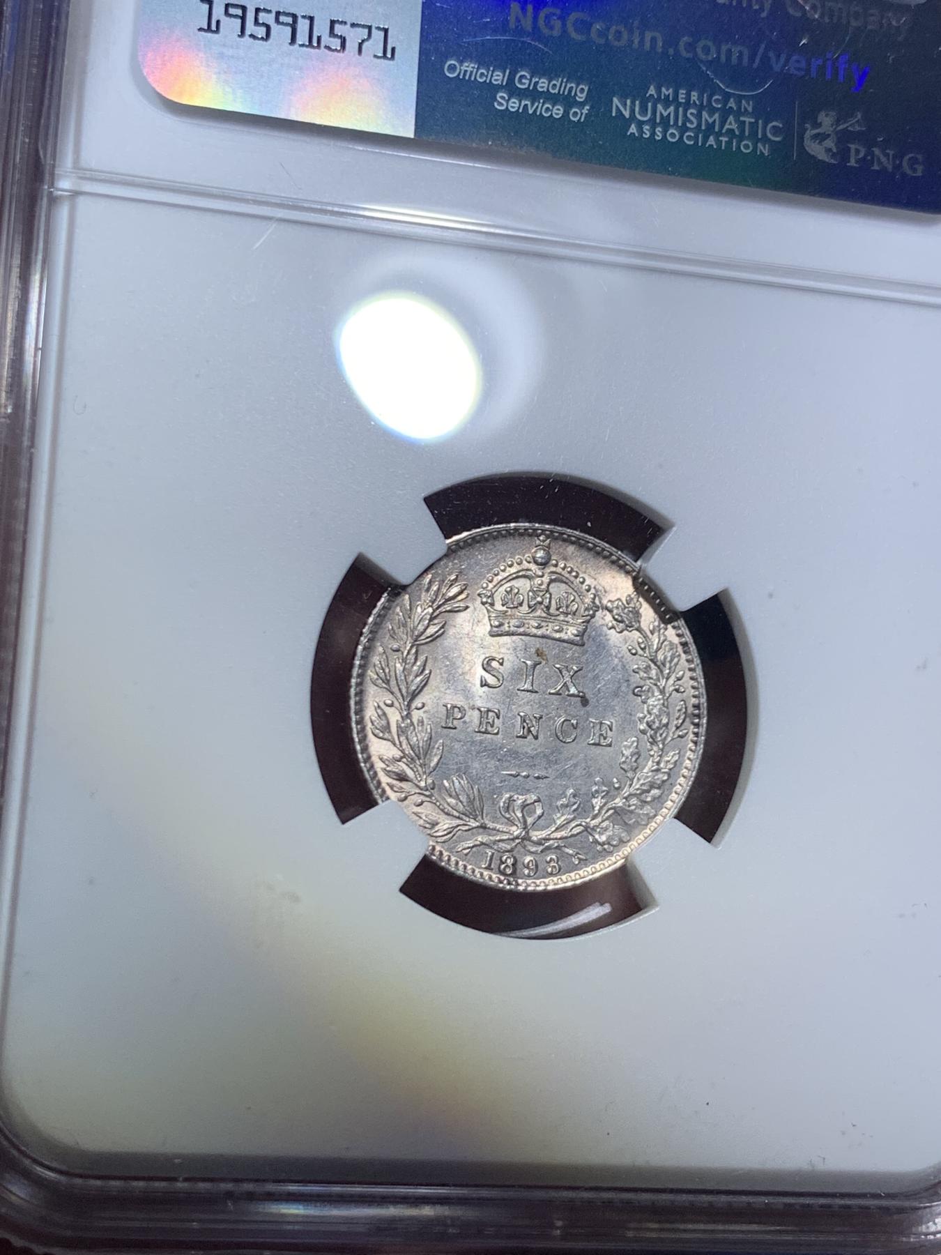 《竞宝斋》第270场- 周日，周一，周二  3场连拍 （全场包邮） NGC UNCD 英国 1893年 维多利亚 批纱版 6便士 银币