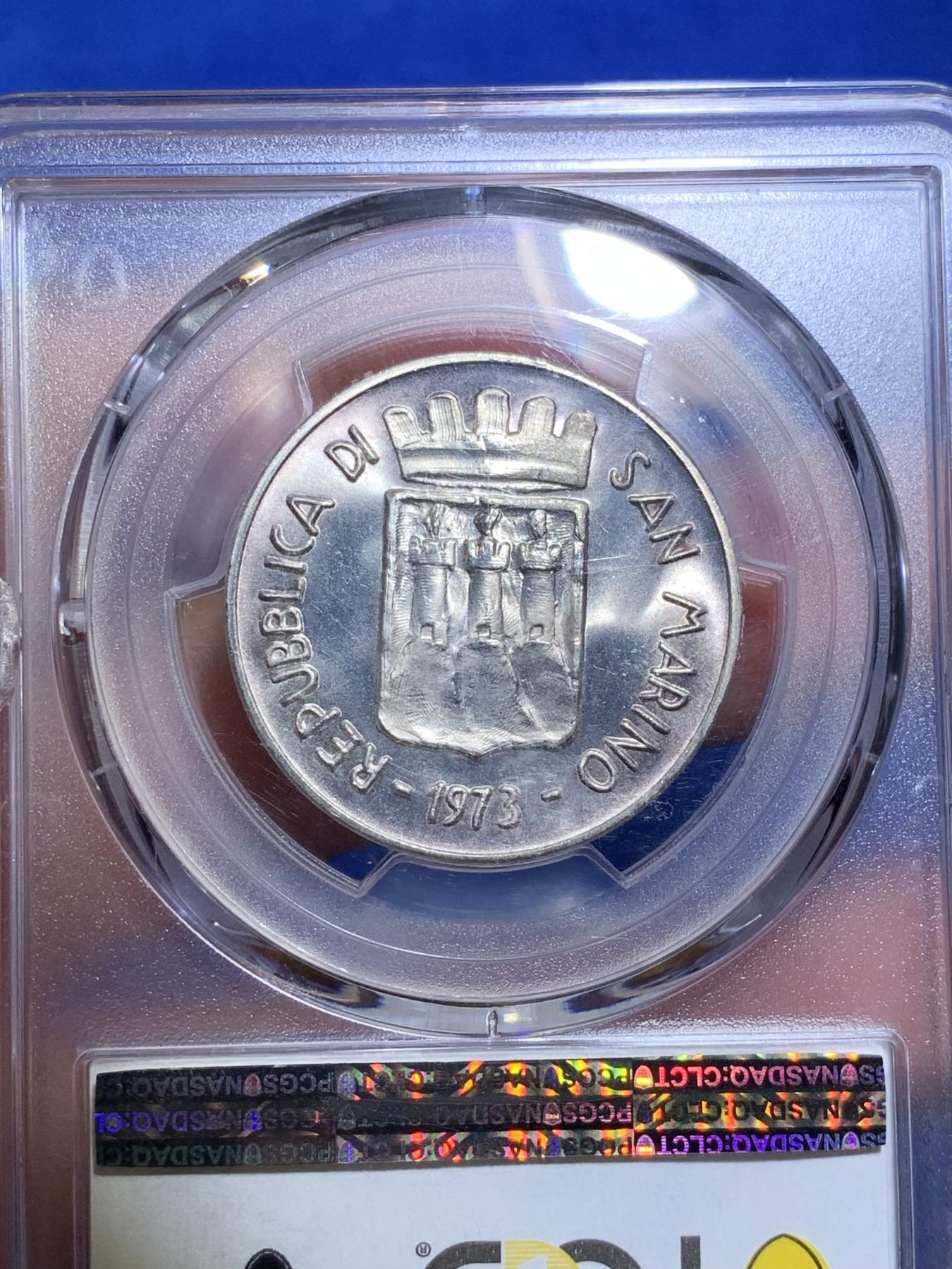 《竞宝斋》第270场- 周日，周一，周二  3场连拍 （全场包邮） PCGS MS66 亚军分 1973年圣马力诺500里拉银币 亲吻和平鸽的少女 背面盒子支撑小磕