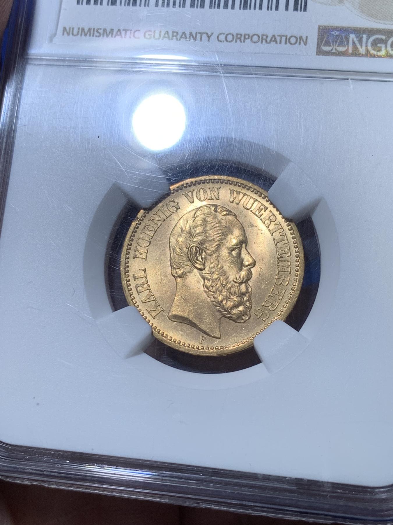 《竞宝斋》第270场- 周日，周一，周二  3场连拍 （全场包邮） NGC MS64 德国1873符腾堡20马克金币 转光高分 可藏