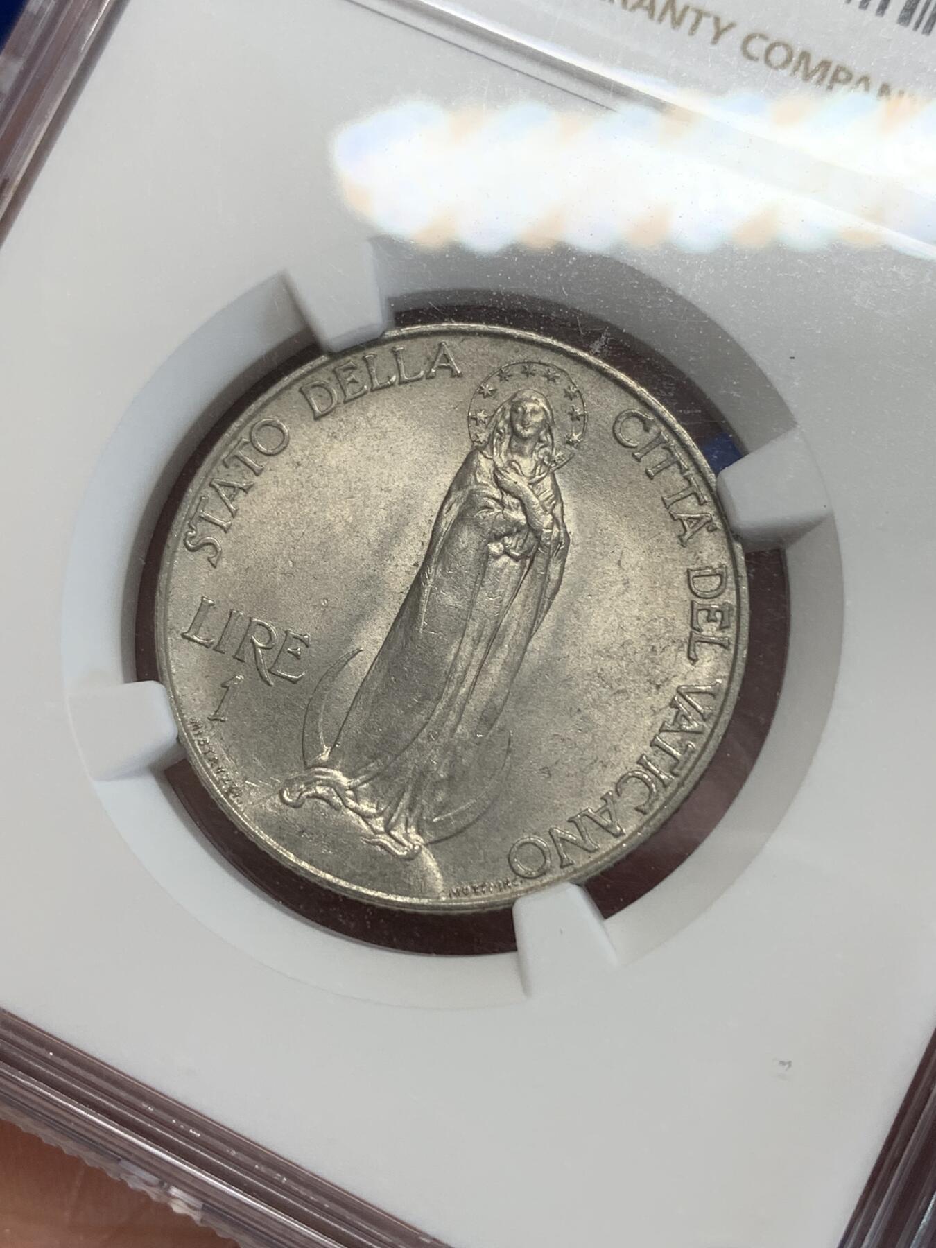 《竞宝斋》第270场- 周日，周一，周二  3场连拍 （全场包邮） NGC MS63 梵蒂冈 1936年 圣母像1里拉 意式美学典范