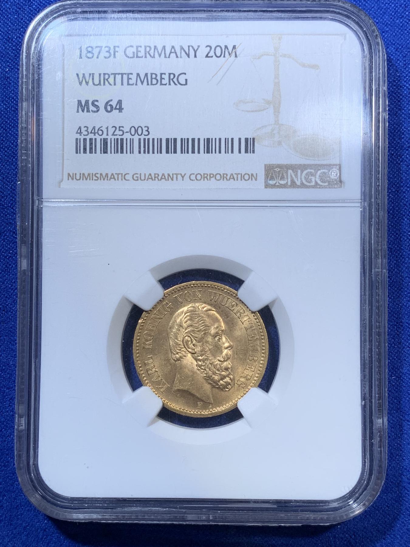 《竞宝斋》第270场- 周日，周一，周二  3场连拍 （全场包邮） NGC MS64 德国1873符腾堡20马克金币 转光高分 可藏