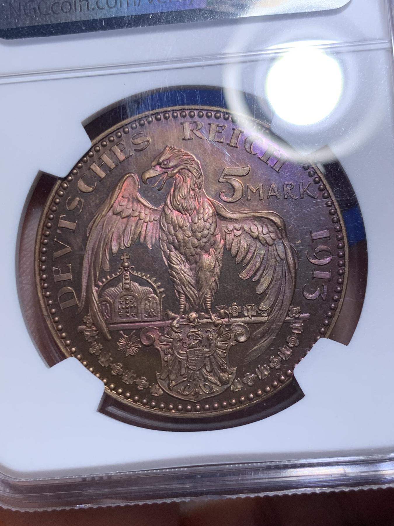 《竞宝斋》第270场- 周日，周一，周二  3场连拍 （全场包邮） NGC PF64RB 德国普鲁士1913年5马克铜样币 卡尔哥茨作品 镜面感强烈 背面梦幻蓝紫色包浆