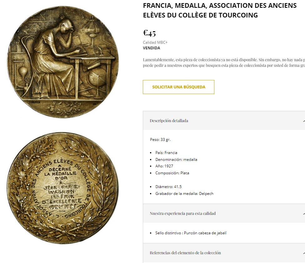 《竞宝斋》第271场-八角与章专场 周日，周一，周二  3场连拍 （全场包邮） 法国 图尔昆学院校友会 铜章 精细雕刻 少见 29.5克 41.6mm 三角边铭