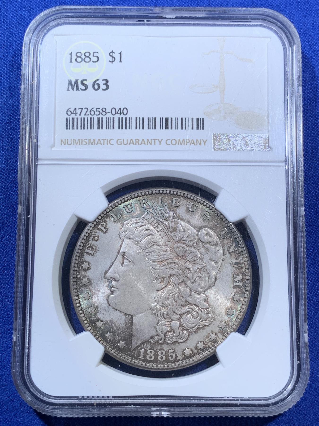 《竞宝斋》第270场- 周日，周一，周二  3场连拍 （全场包邮） NGC MS63 美国1885年摩根银币P版 原汁原味双面五彩老包浆 略为低评