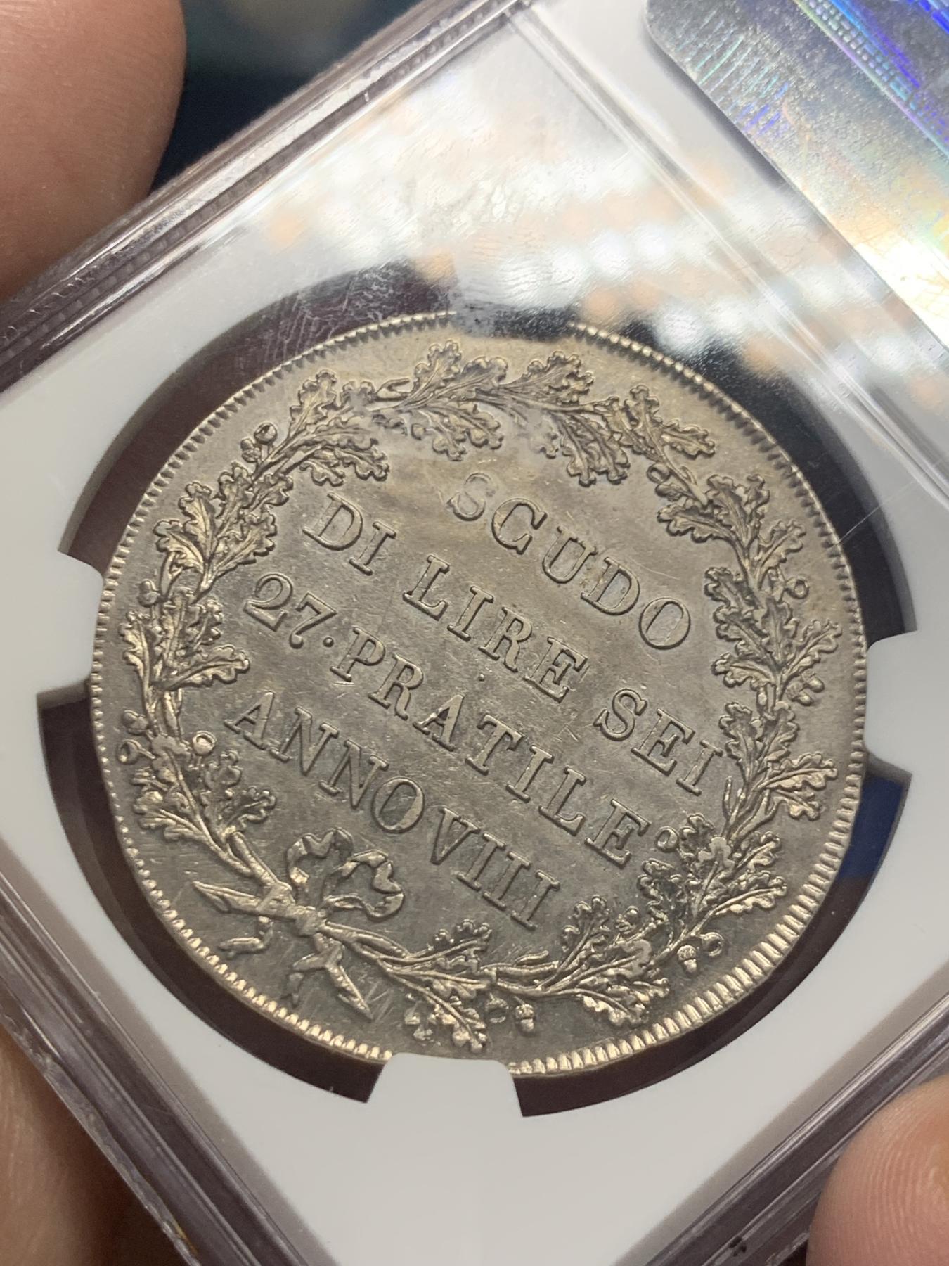 《竞宝斋》第270场- 周日，周一，周二  3场连拍 （全场包邮） NGC AU55 山南共和国1800年1SCUDO大银币 经典意系和拿破仑系银币，艺术品一般的存在 老盒封装 保存的很好