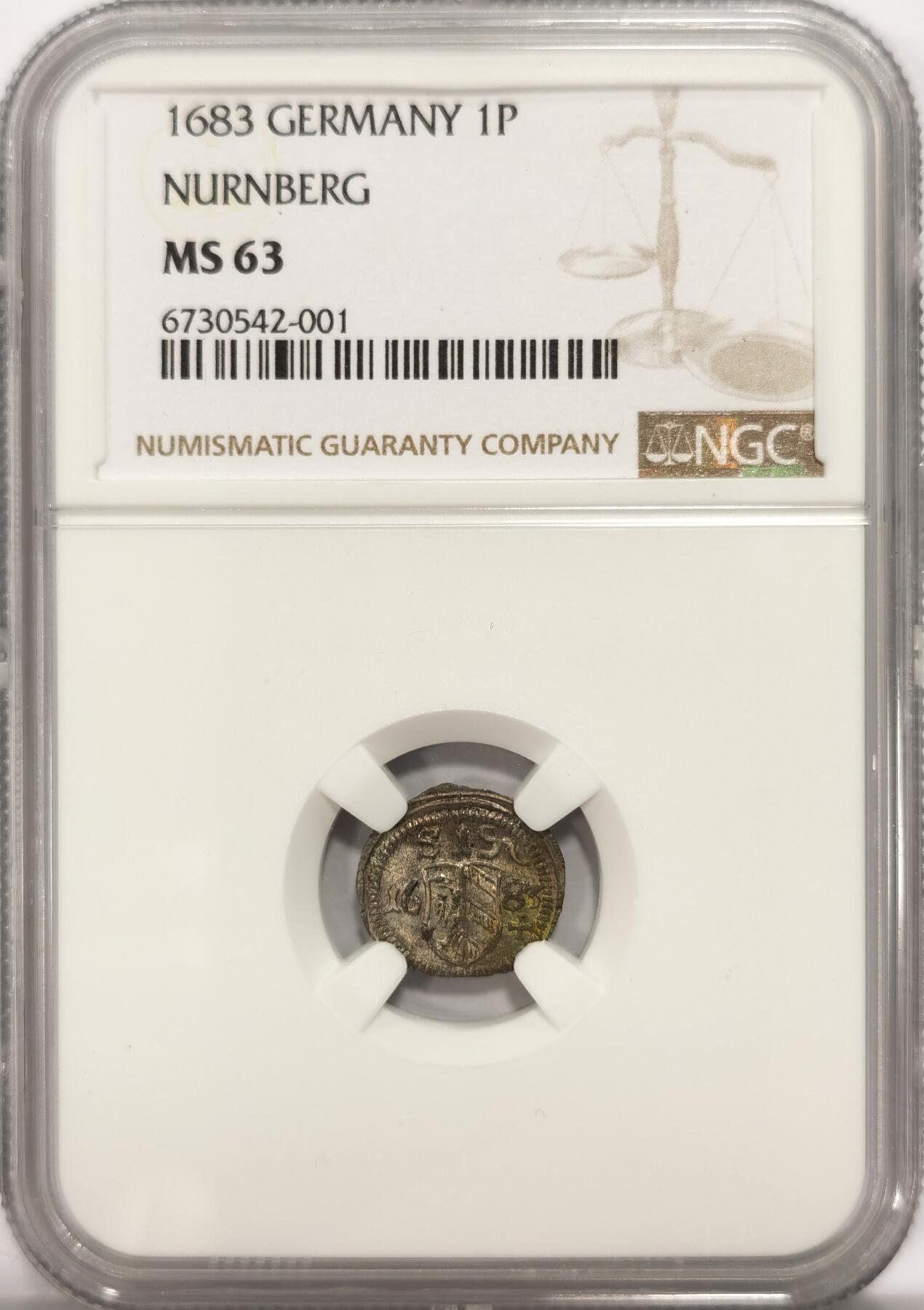 博洋堂世界钱币拍卖第078期（全场包邮） NGC MS63 德国纽伦堡1683年盾徽1芬尼单面小银币