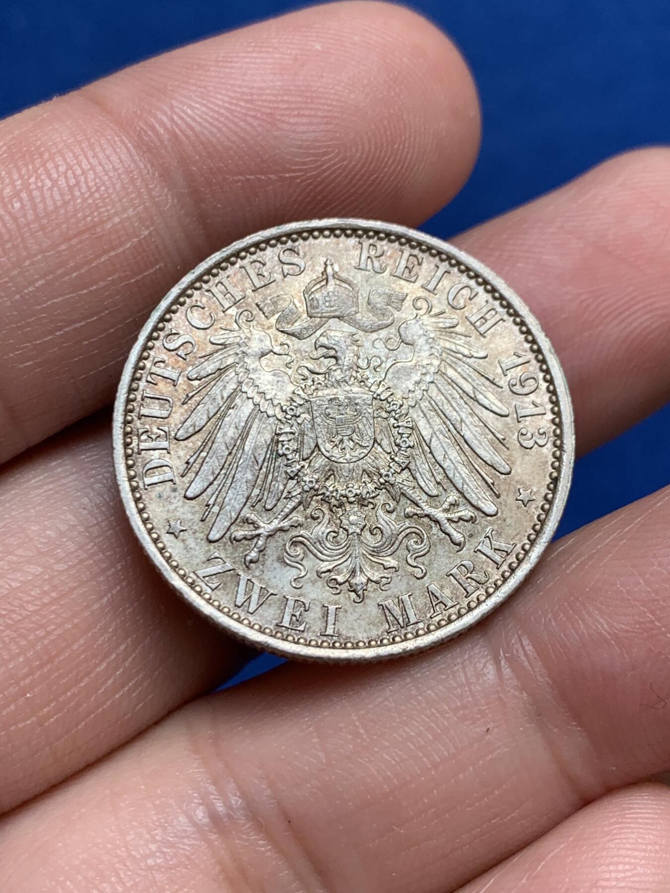 《竞宝斋》第270场- 周日，周一，周二  3场连拍 （全场包邮） 1913年德国威廉二世2马克银币 UNC转光