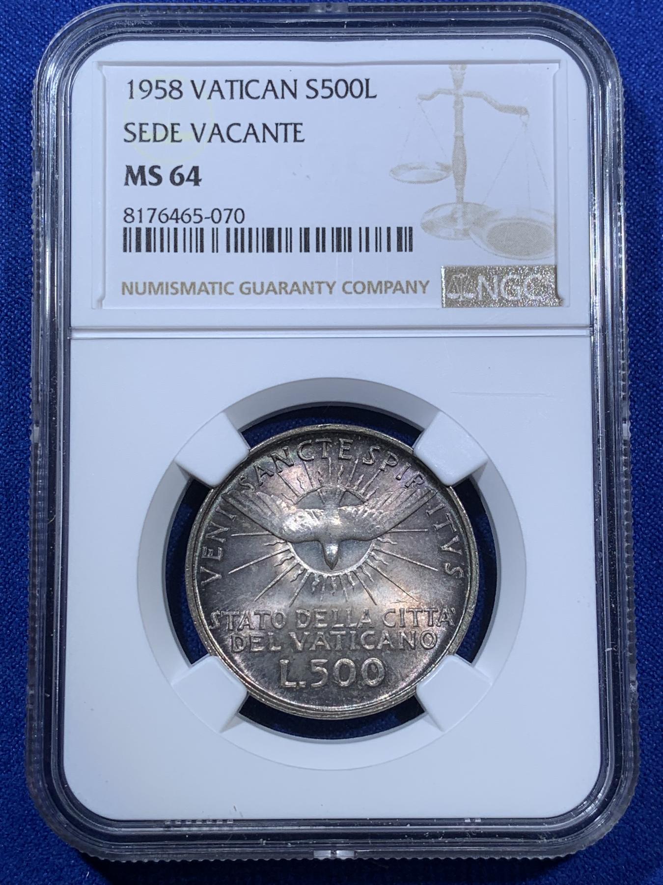 《竞宝斋》第270场- 周日，周一，周二  3场连拍 （全场包邮） NGC MS64 梵蒂冈1958年教皇缺位500里拉银币