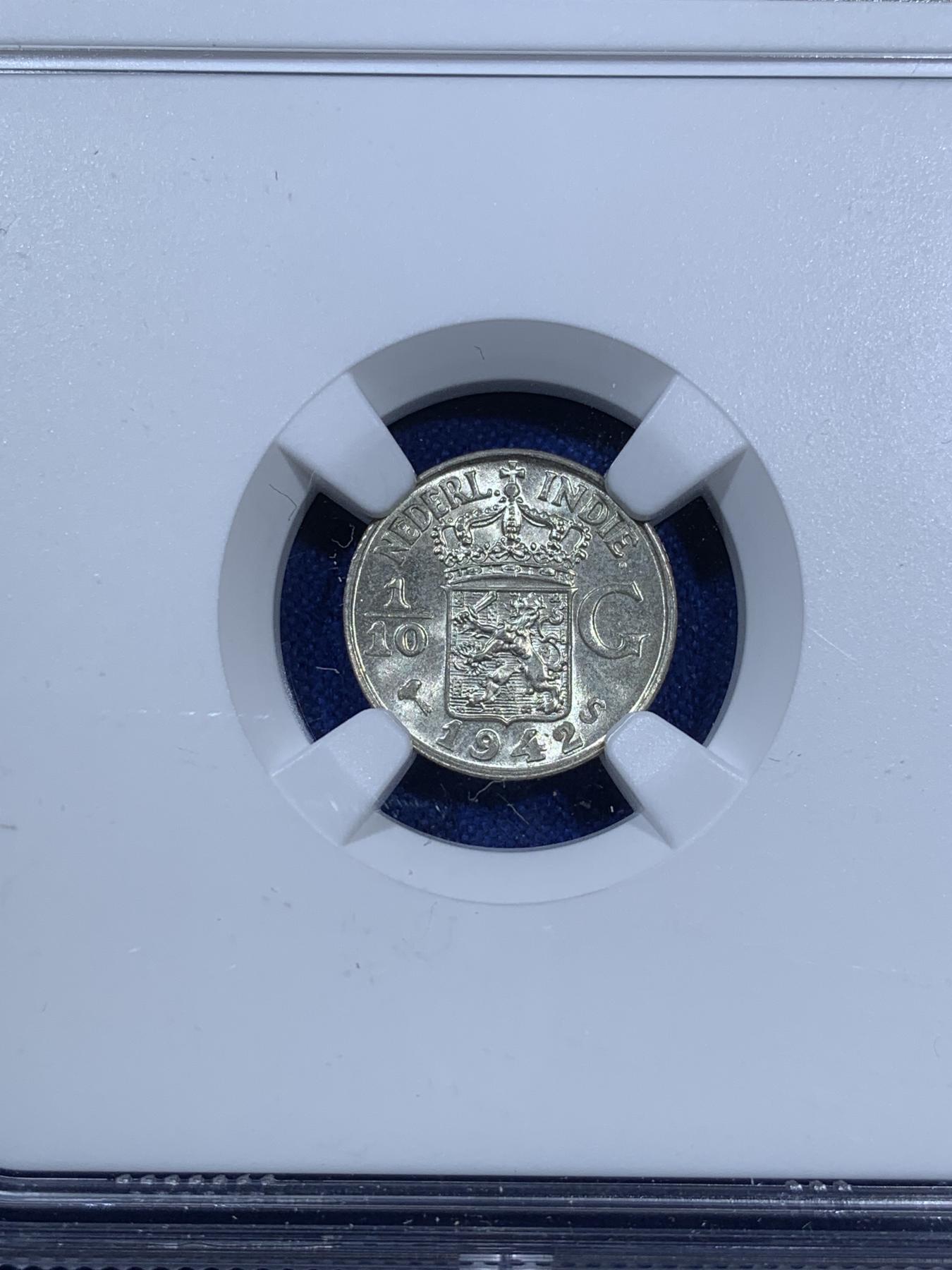 《竞宝斋》第270场- 周日，周一，周二  3场连拍 （全场包邮） NGC MS65 1942 荷属东印度（今印尼）1/10盾银币 卷拆BU品