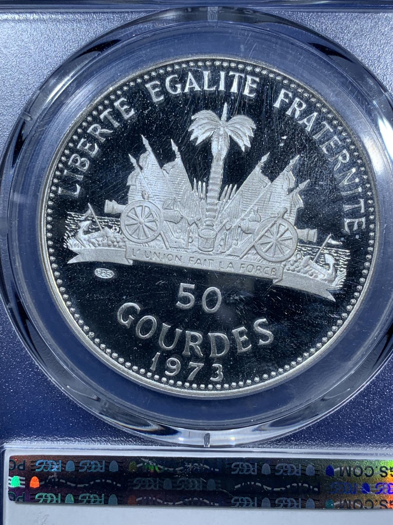 《竞宝斋》第270场- 周日，周一，周二  3场连拍 （全场包邮） PCGS PR68DCM 海地 1973年 怀抱孩子的妇女 50古德 银币