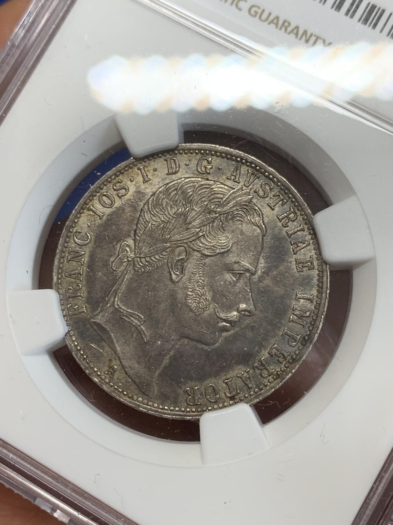 《竞宝斋》第270场- 周日，周一，周二  3场连拍 （全场包邮） NGC MS62 奥地利1861年弗朗西斯·约瑟夫一世年轻头像1弗洛林银币