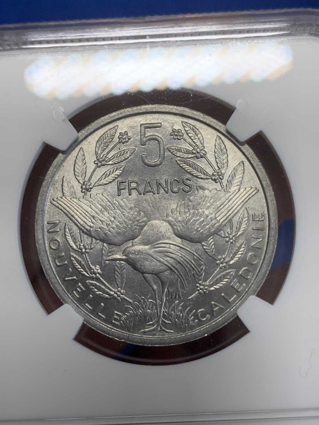 《竞宝斋》第270场- 周日，周一，周二  3场连拍 （全场包邮） NGC MS64 法属新喀里多尼亚1952年5法郎铝币