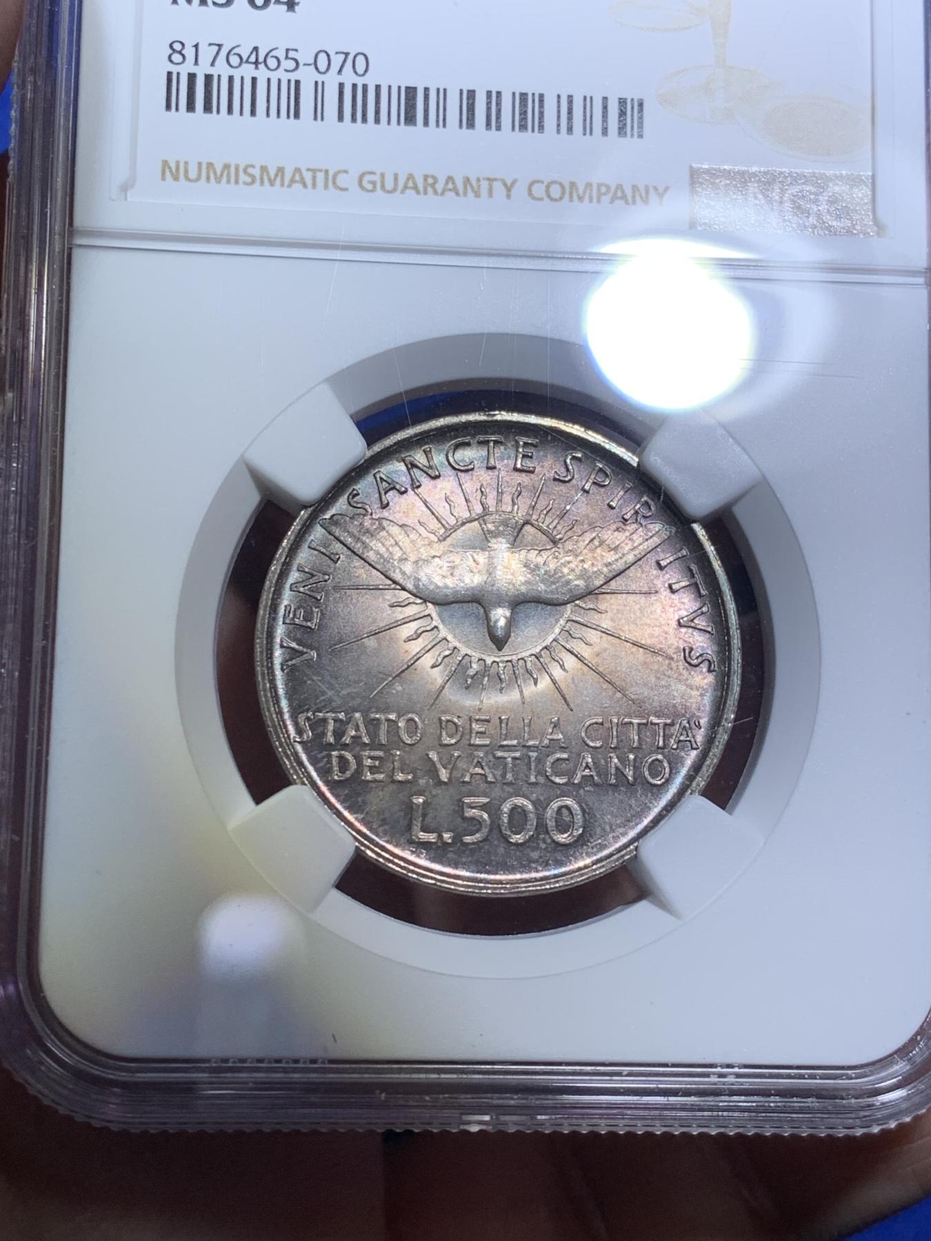 《竞宝斋》第270场- 周日，周一，周二  3场连拍 （全场包邮） NGC MS64 梵蒂冈1958年教皇缺位500里拉银币