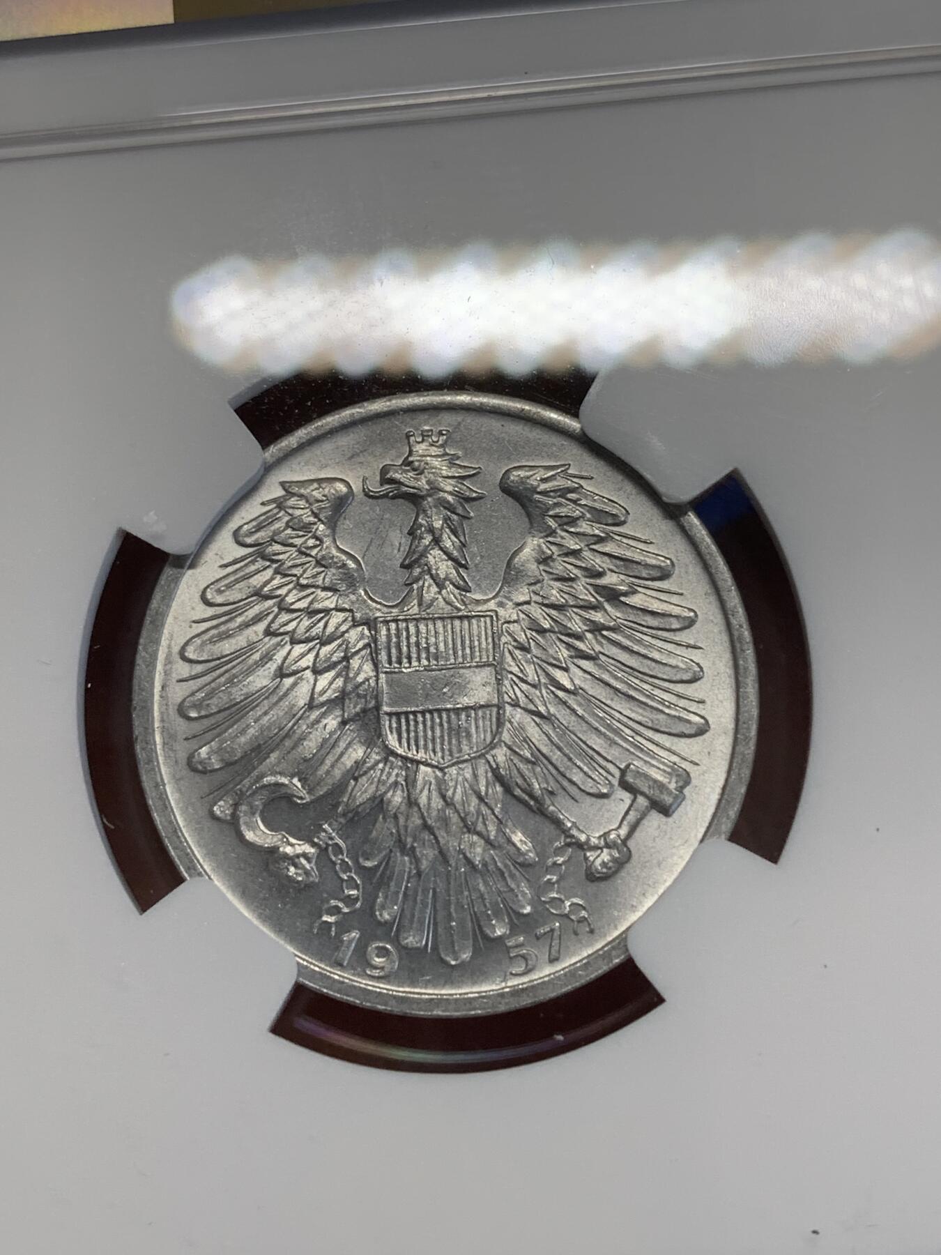 《竞宝斋》第270场- 周日，周一，周二  3场连拍 （全场包邮） NGC MS62 奥地利 1957年 裸男 播种 1先令铝币