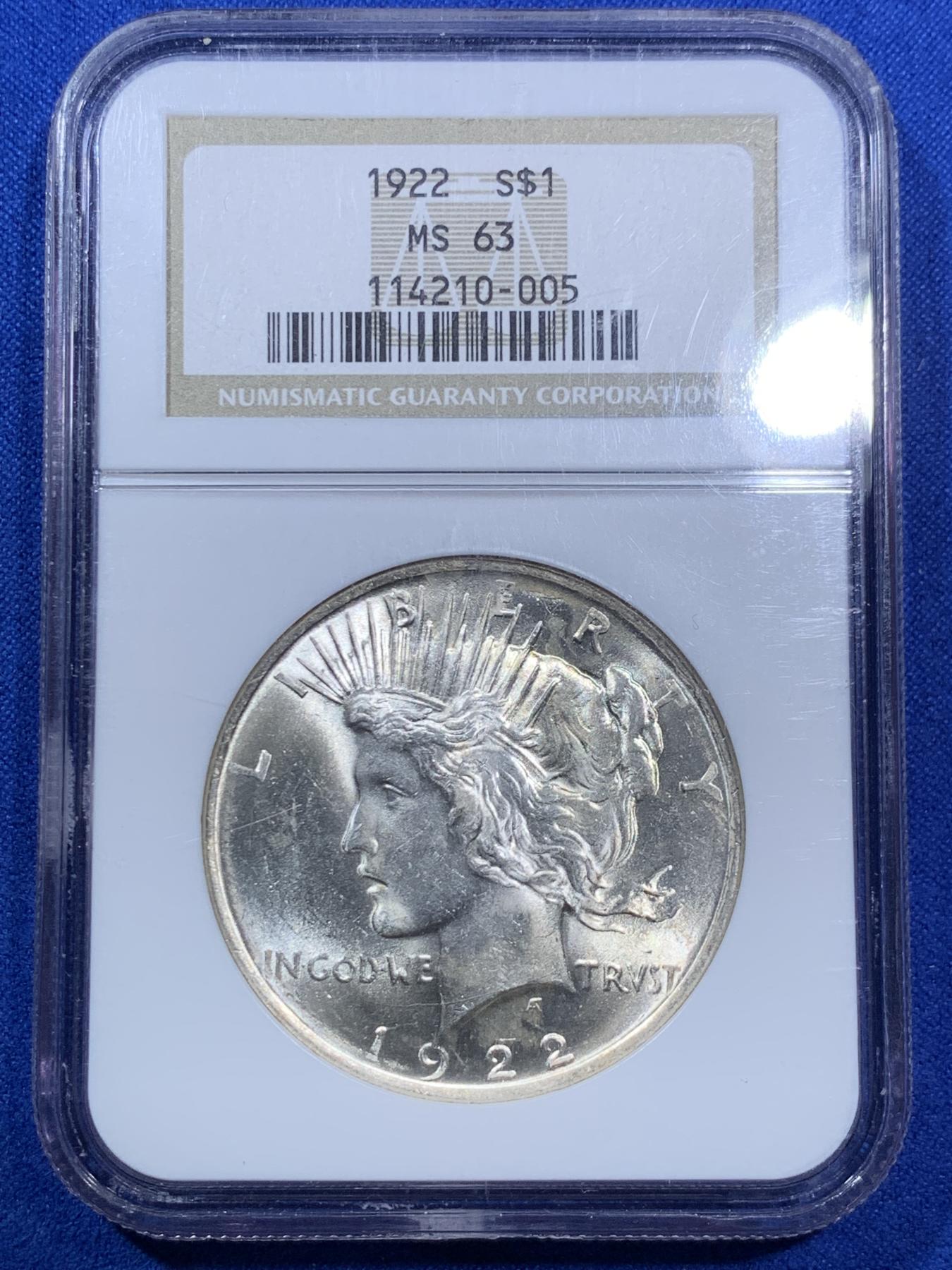 《竞宝斋》第270场- 周日，周一，周二  3场连拍 （全场包邮） NGC MS63 美国1922年和平鸽1美元银币