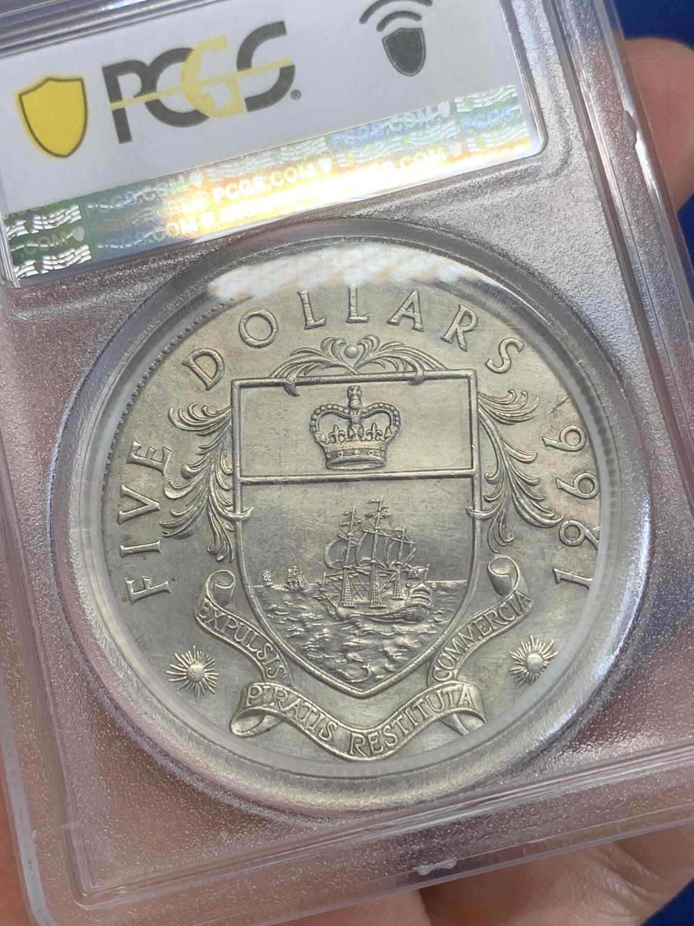 《竞宝斋》第270场- 周日，周一，周二  3场连拍 （全场包邮） PCGS UNC 英属巴哈马1966年五元大银币 42克重 PC加厚盒子