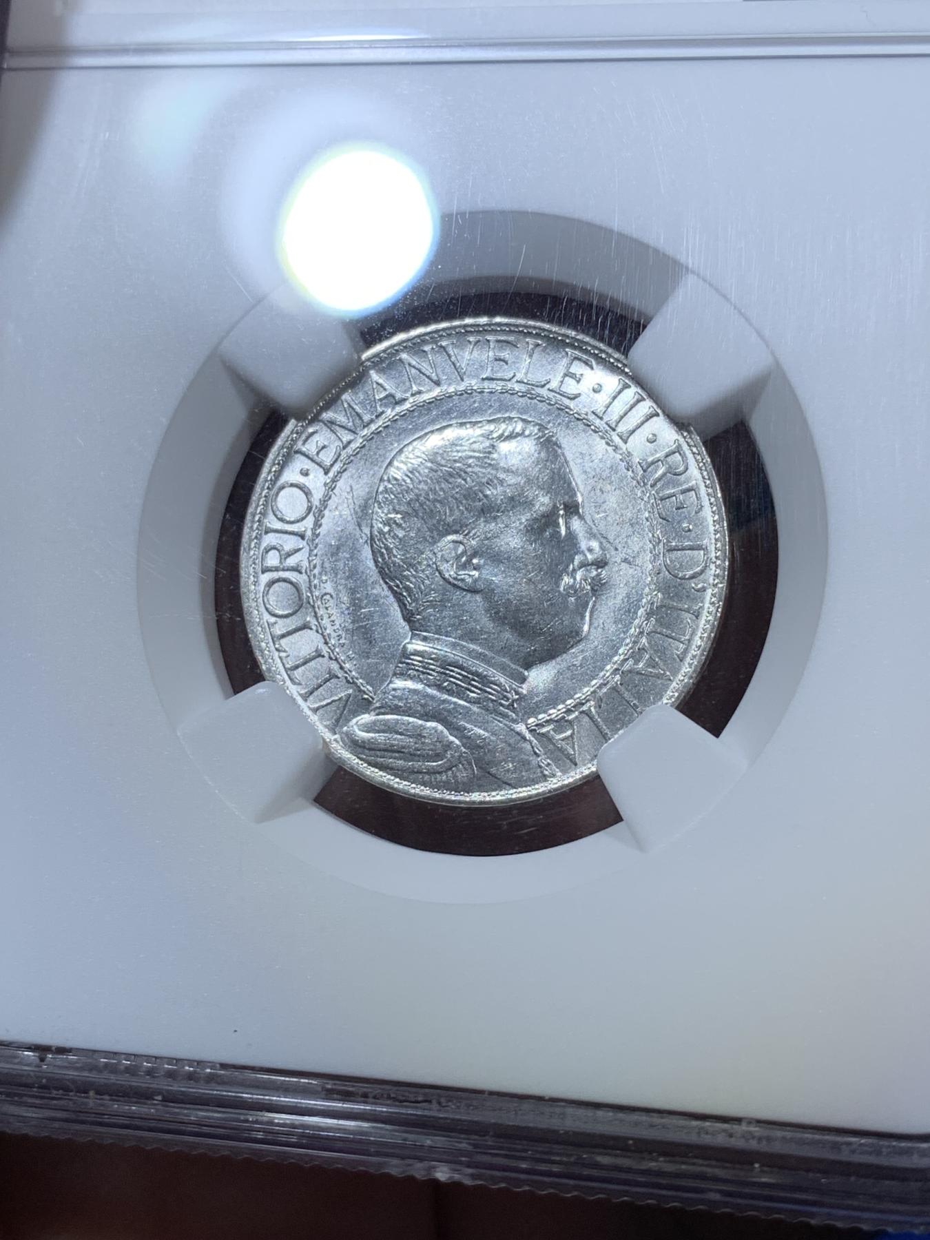 《竞宝斋》第270场- 周日，周一，周二  3场连拍 （全场包邮） NGC MS62 意大利1913年圈版小马车1里拉银币 圈版好品稀少 62已经不容易