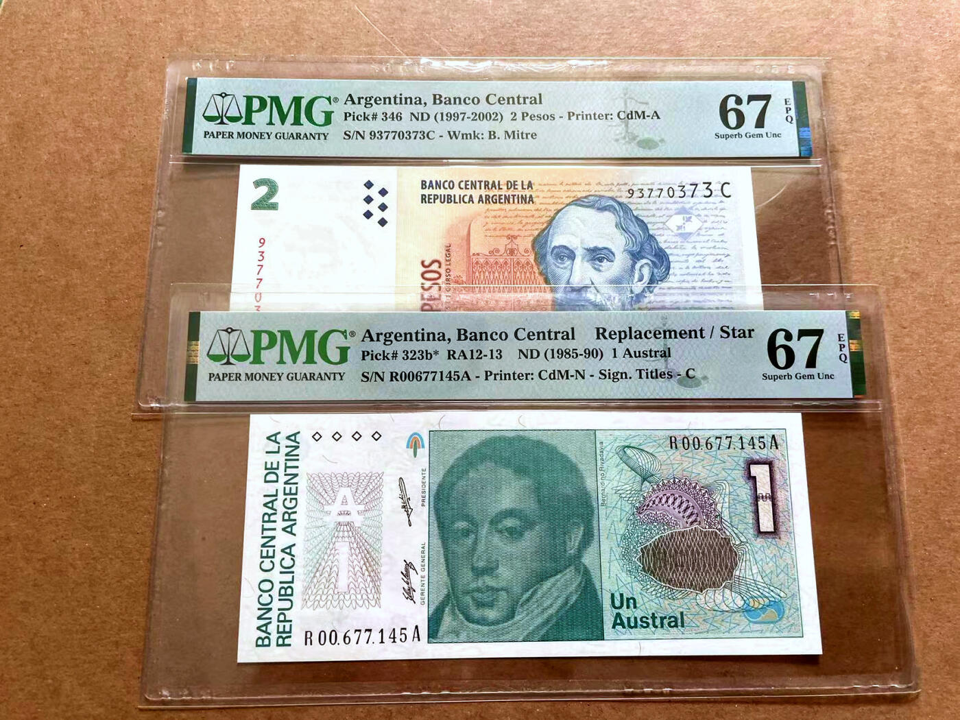 【Blue Auction】✨世界纸币精拍第479期【精】 【一组2张 含补号】阿根廷 1985-2002年1Austral/2比索  PMG67EPQ 高分